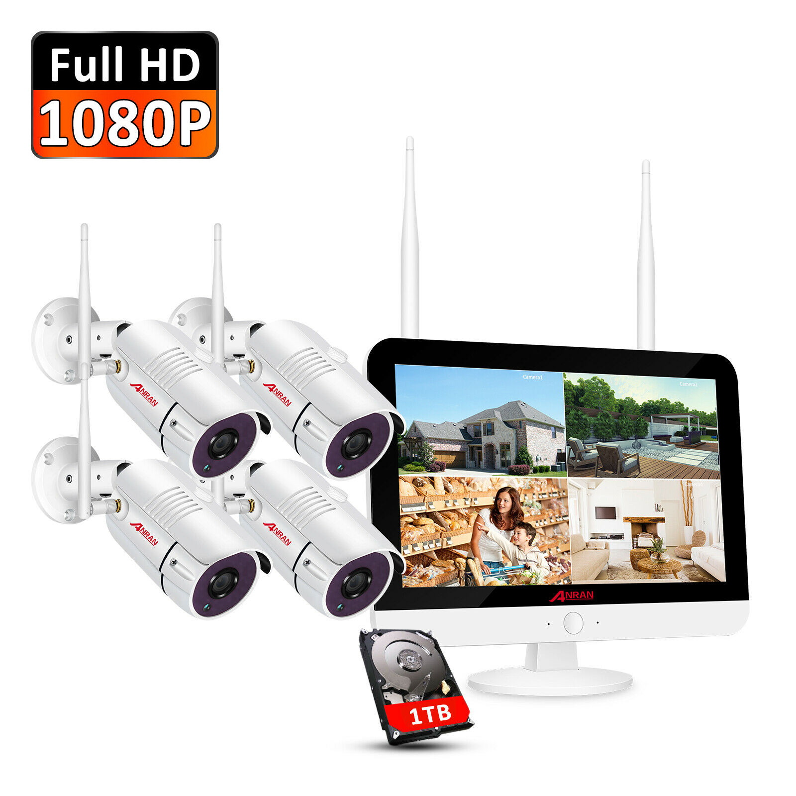 ANRAN Wireless Home Security Camera System with 12" LCD Monitor, Night vision, Indoor/Outdoor, 8CH 2.0MP NVR 4Pcs 1080P WiFi IP Camera, 1TB Hard Drive No Monthly Fee