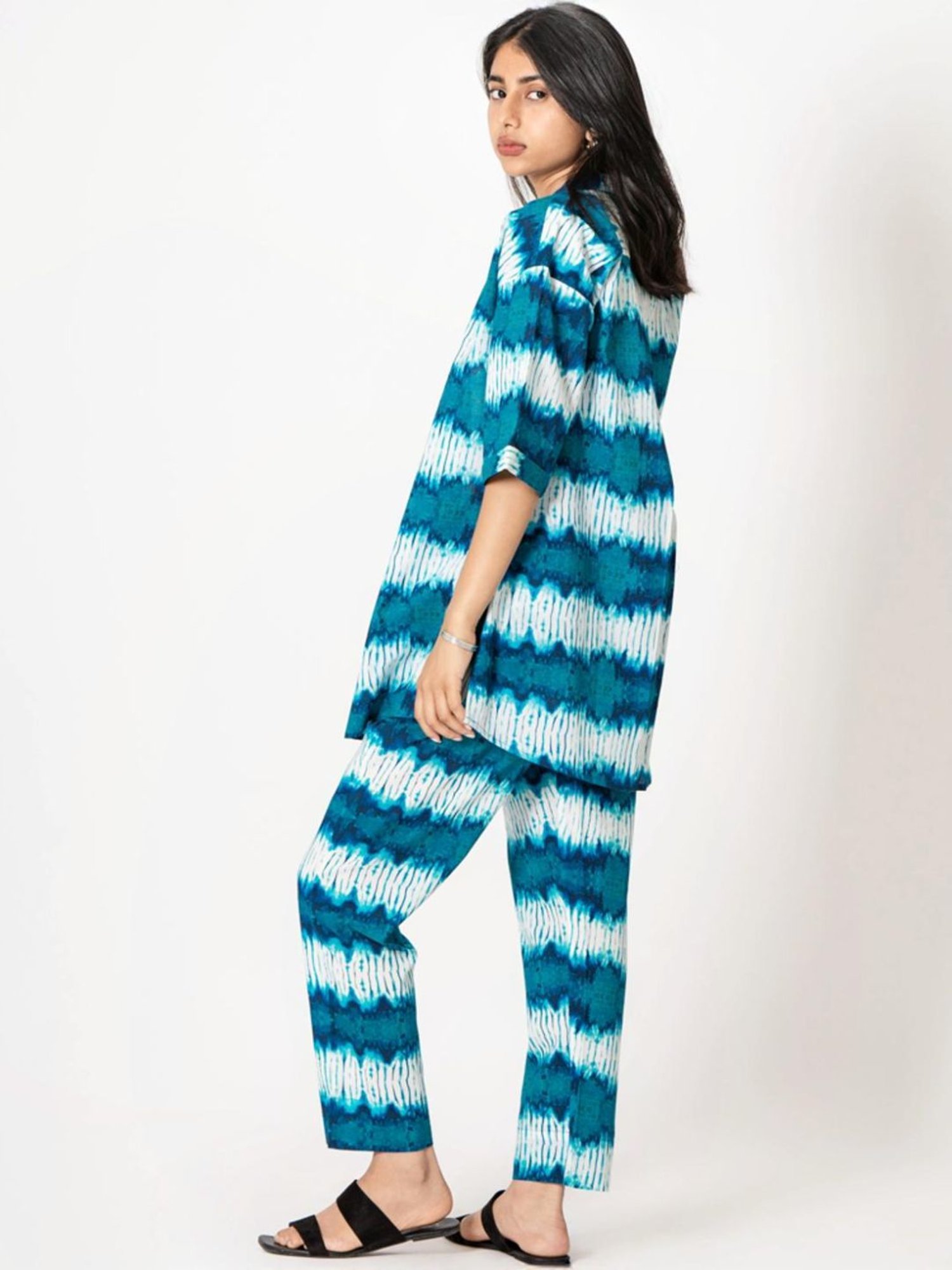 Kameez by Pooja White & Turquoise Blue Capsule 24 Digital Print Cotton Shirt and Pant Co-ord Set