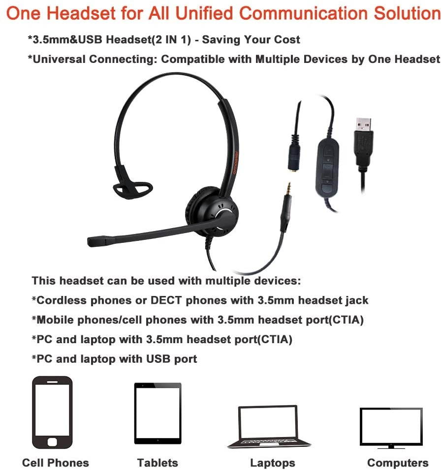 3.5mm USB Computer Headset PC Headphone with Microphone for Laptops Teams Skype Wired One Ear Cell Phone Headset for Cellphones Mobiles Tablets Androids BlackBerry Samsung iPhone Huawei iPad MacBook