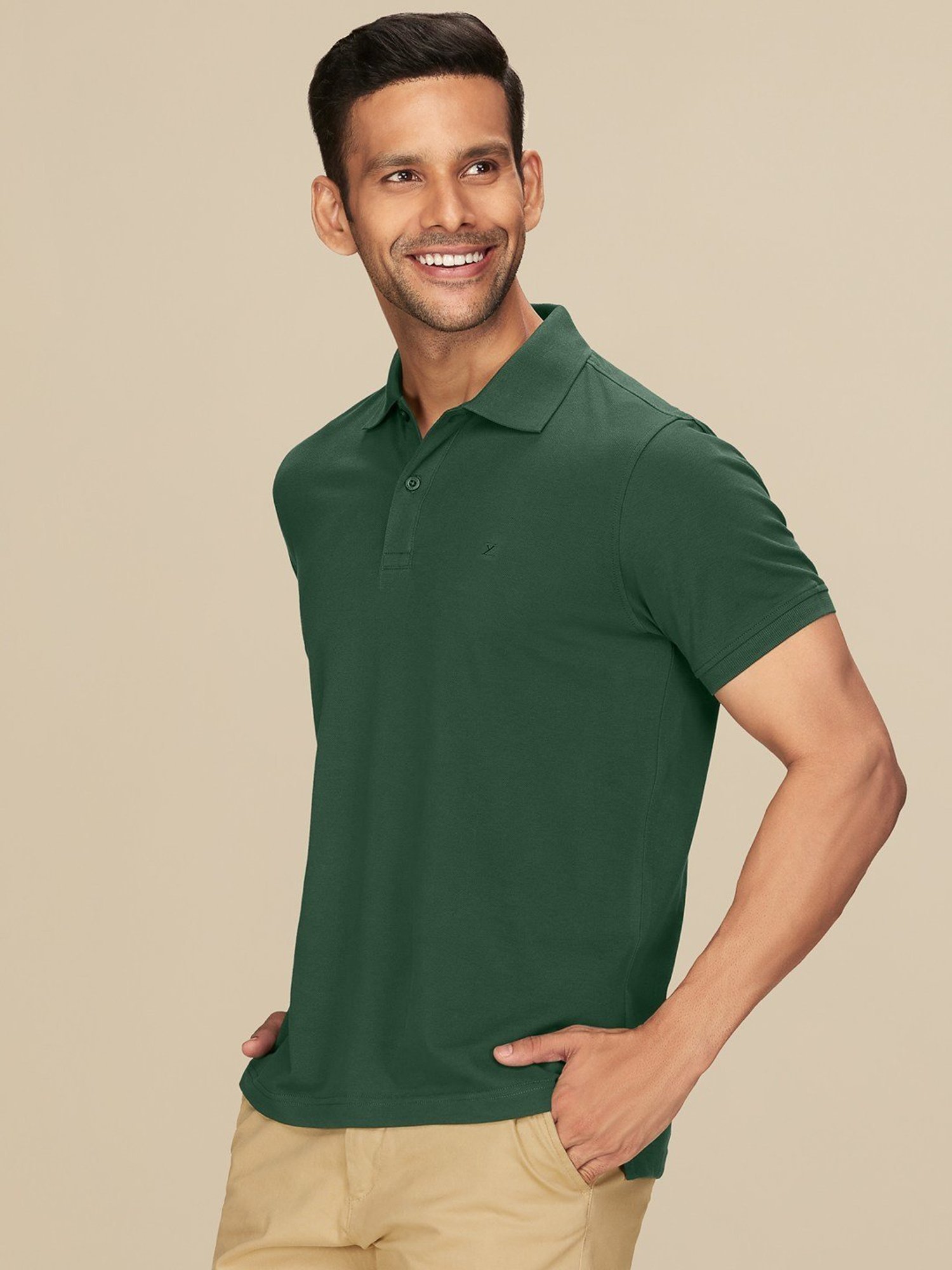 XYXX Basil Green Cotton Regular Fit Polo T-Shirts