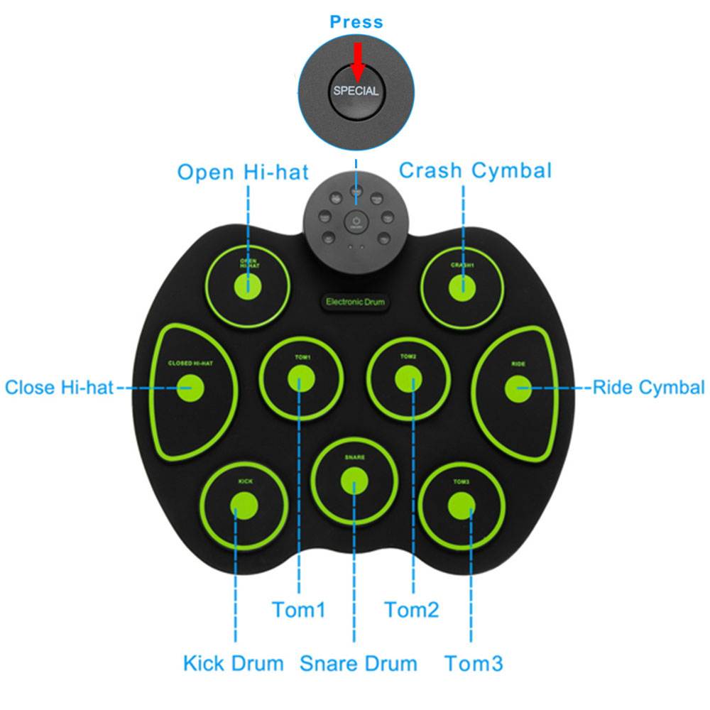 Portable Electric Drum Set 9 Full-Tone Standard Drum Pads with Drum Stick, Headphone Jack and Pedals Multiple Power Supply Methods Best Gift for Christmas Holiday Birthday Green