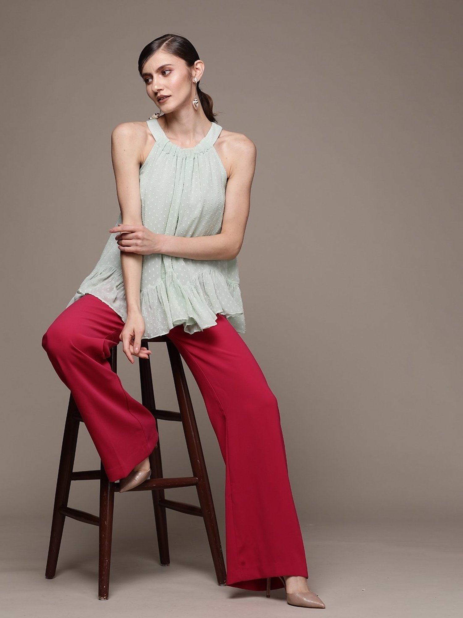 Label Ritu Kumar Mint Georgette Solid Halter Top