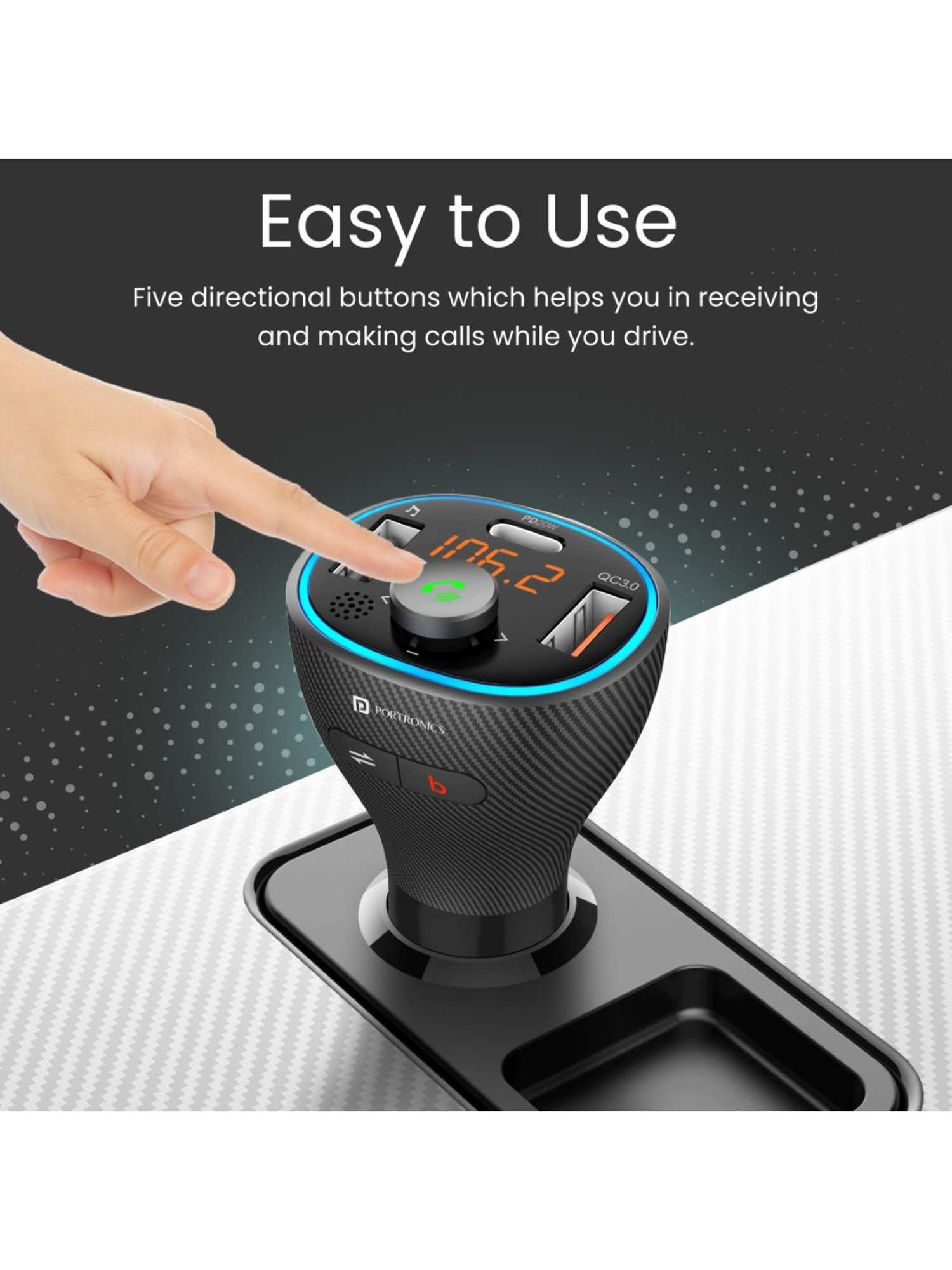 Portronics Auto 15 POR-1265 Car Radio Adapter with Bluetooth and FM Transmitter (Black)