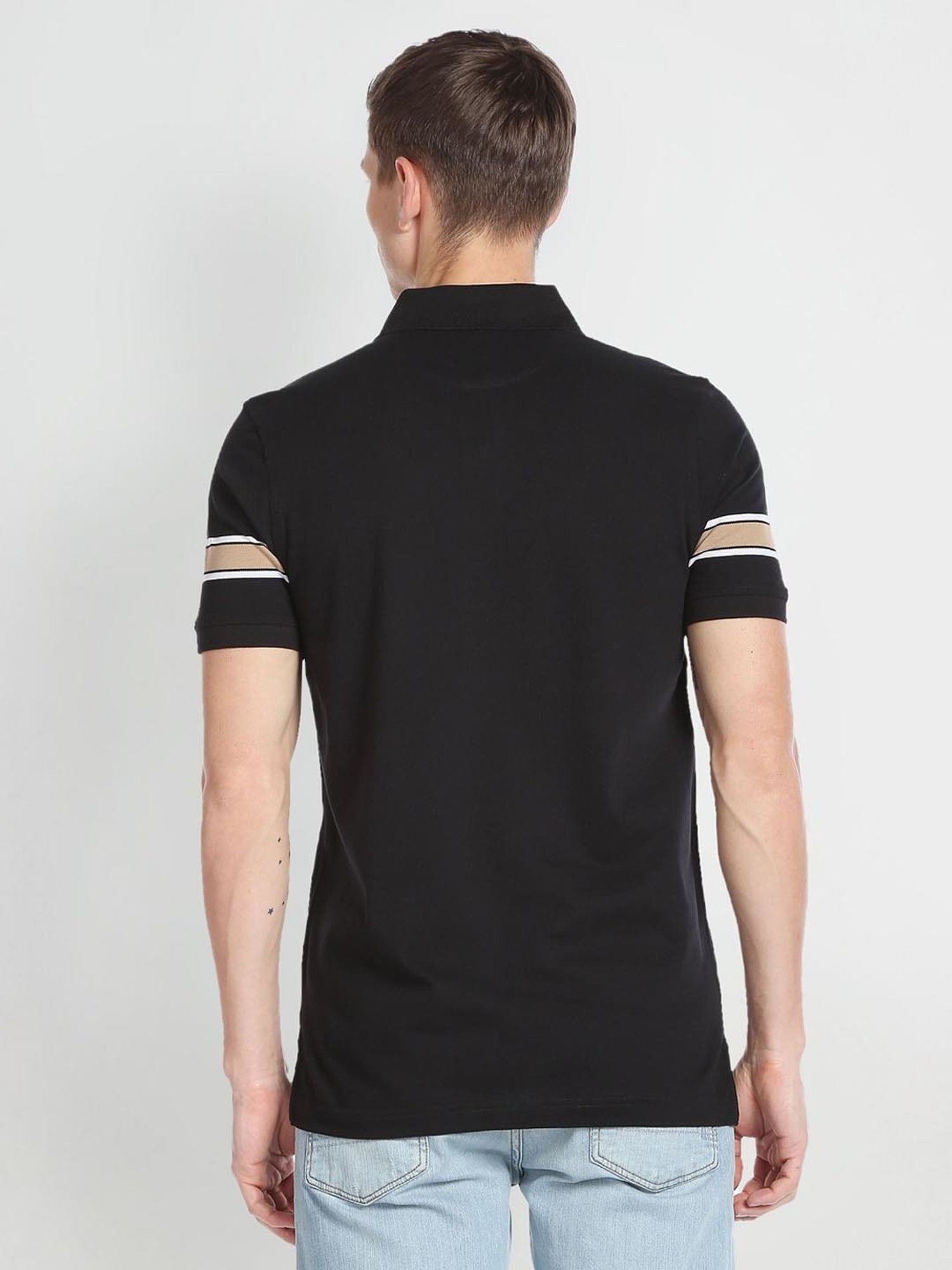 Arrow Sport Black Cotton Regular Fit Striped Polo T-Shirt