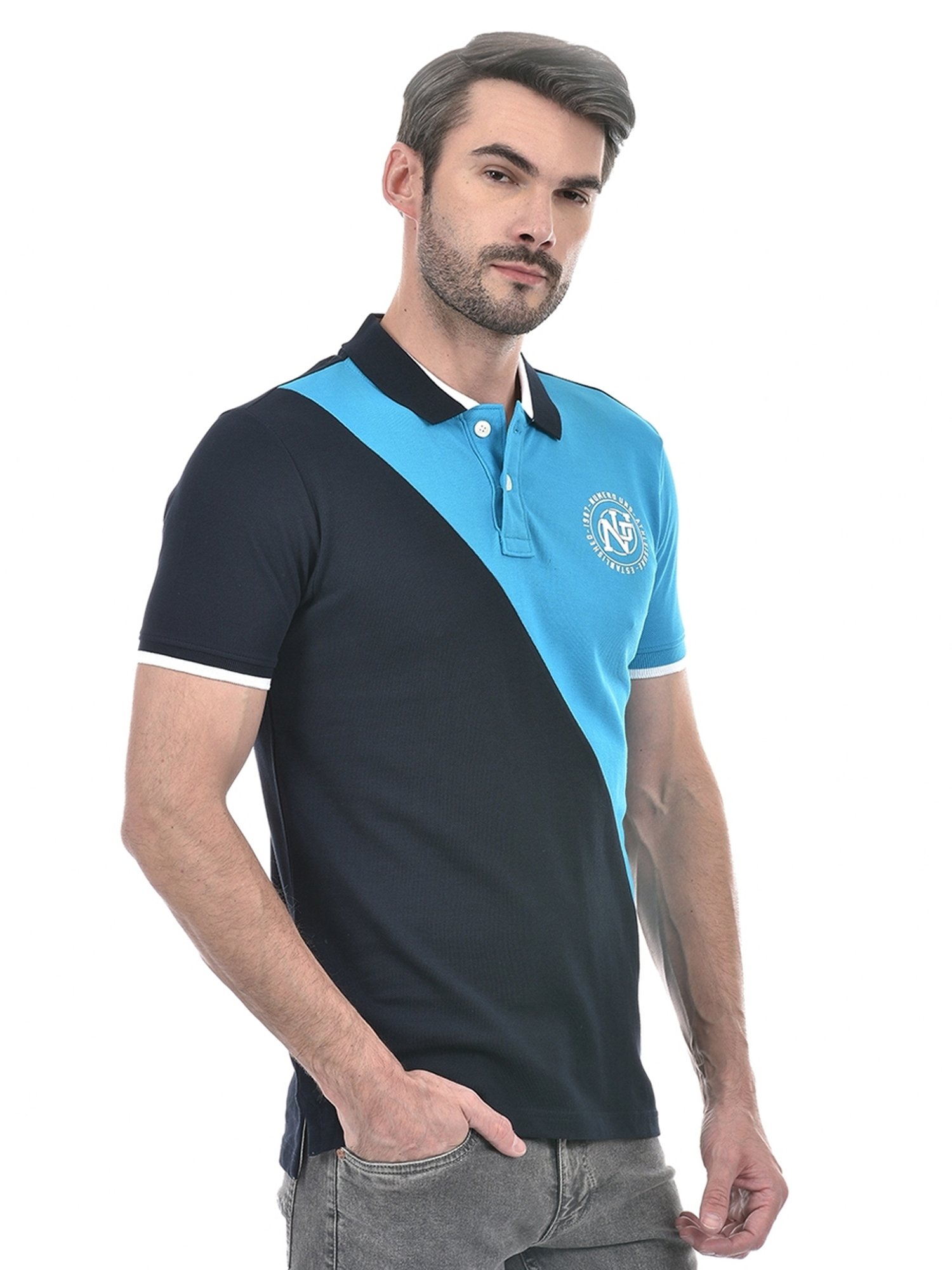 Numero Uno Blue Cotton Regular Fit Colour Block Polo T-Shirt