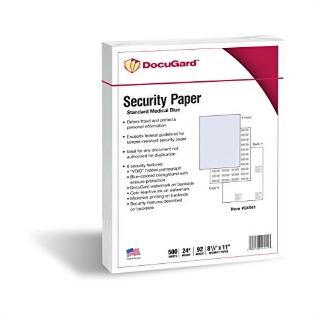 docugard standard medical security paper for printing prescriptions and preventing fraud, cms approved, 6 security features, laser and inkjet safe, blue, 8.5 x 11, 24 lb., 500 sheets 04541