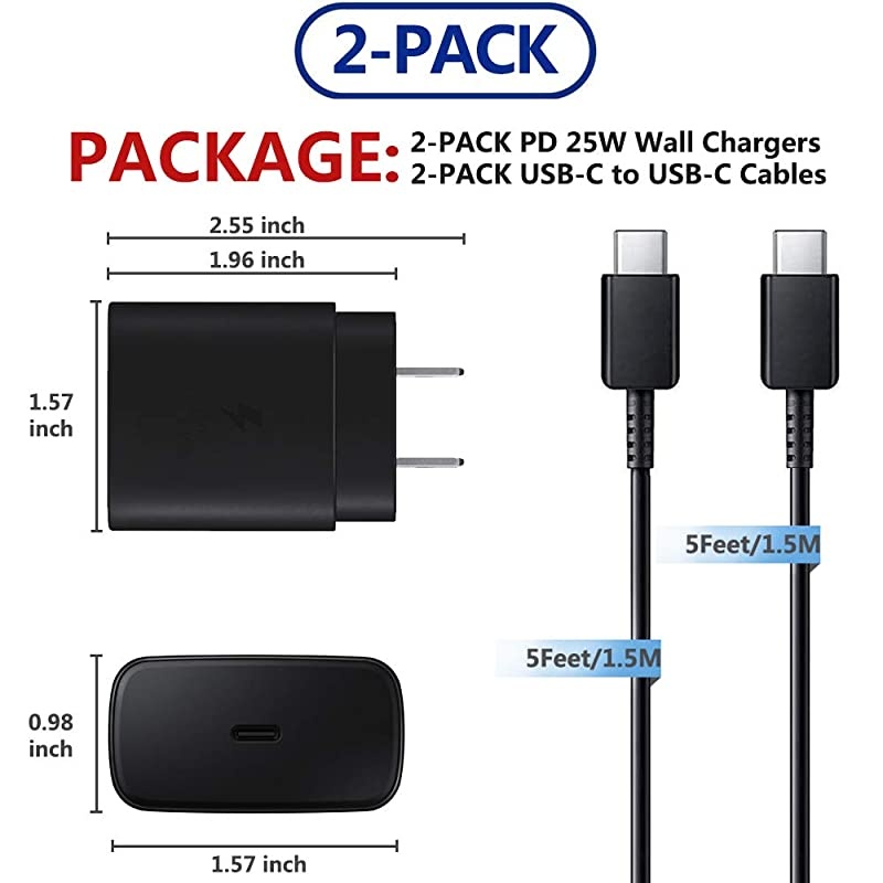 Fast Type C Charger Kit,2-Pack PD 25W Fast Charger and 5-ft USB C to USB C Fast Charging Cable for Samsung Galaxy S21/S21+/S21 Ultra/S20/S20+/S20 Ultra/Note 20/Note 20 Ultra/Note 10/Note10+