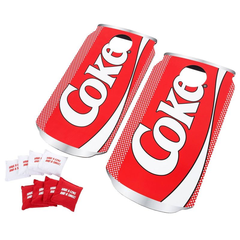 Coca Cola 2 Wooden Coke Can-Shaped Corn Hole Toss Boards with 8 Bean Bags