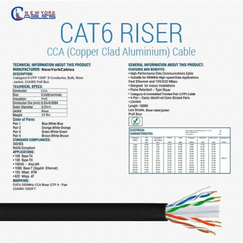 Cat6 Riser (CMR) 1000ft - 4 Pair Solid 23AWG, Ethernet Cable 1000 ft Outdoor - 550MHz 10 Gigabit Speed, Unshielded Twisted Pair (UTP), Bulk Ethernet Cable - Black