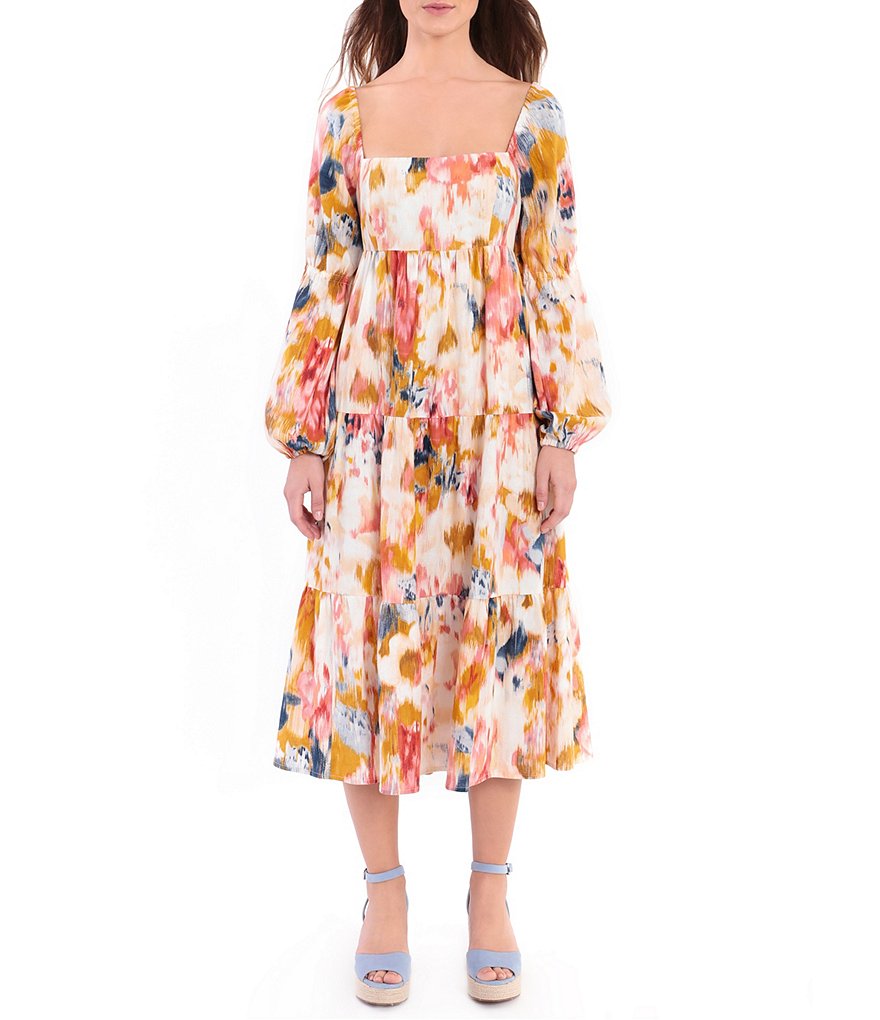 Donna Morgan Ikat Print Square Neck Tiered Midi Shift Dress