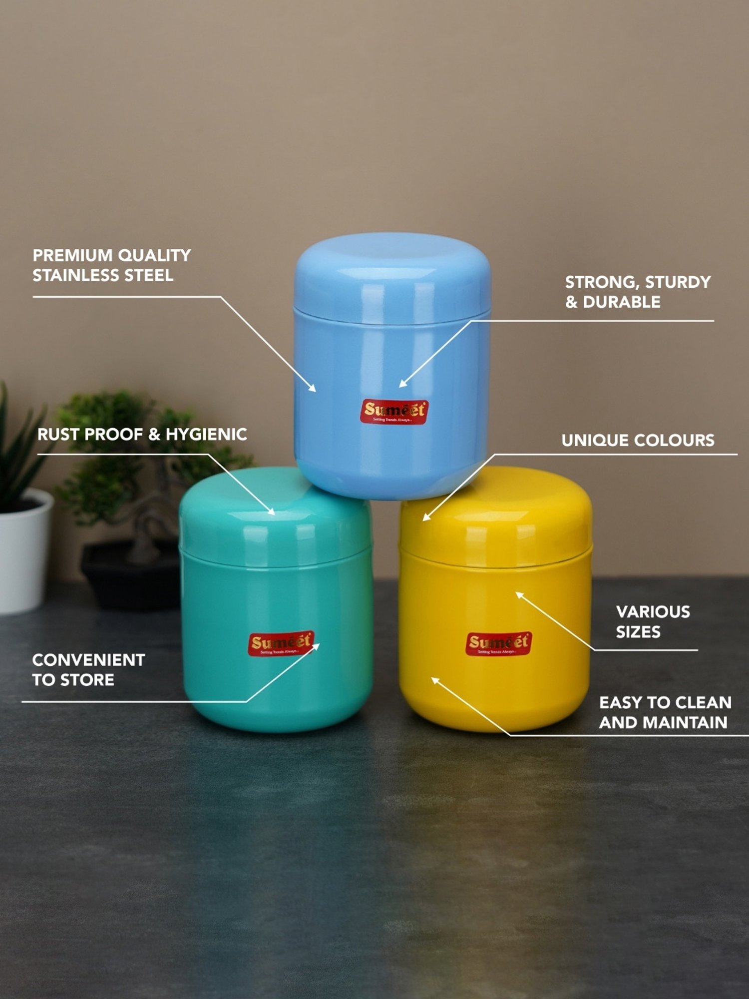 Sumeet S.S. Multi Color Small Canisters/Jars/Storage Containers set of 3Pc,750ml capacity each,9cm