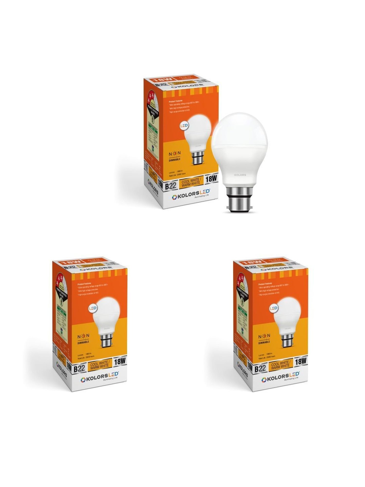 KOLORS Keeto Bulb B22 6500K 18W Pack of 3 - Cool White