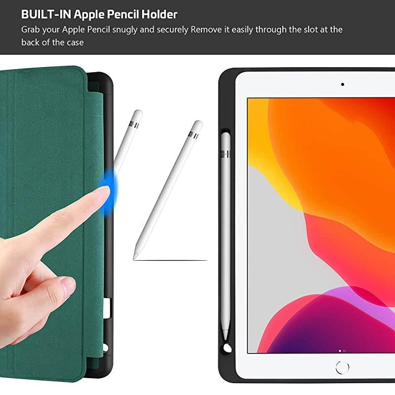 New iPad 10.2 Case (2020 8th Generation / 2019 7th Generation) with Pencil Holder and Flexible Soft TPU Back Cover, Slim Steady Stand Protective Case for 10.2" iPad 8th / iPad 7th -Green