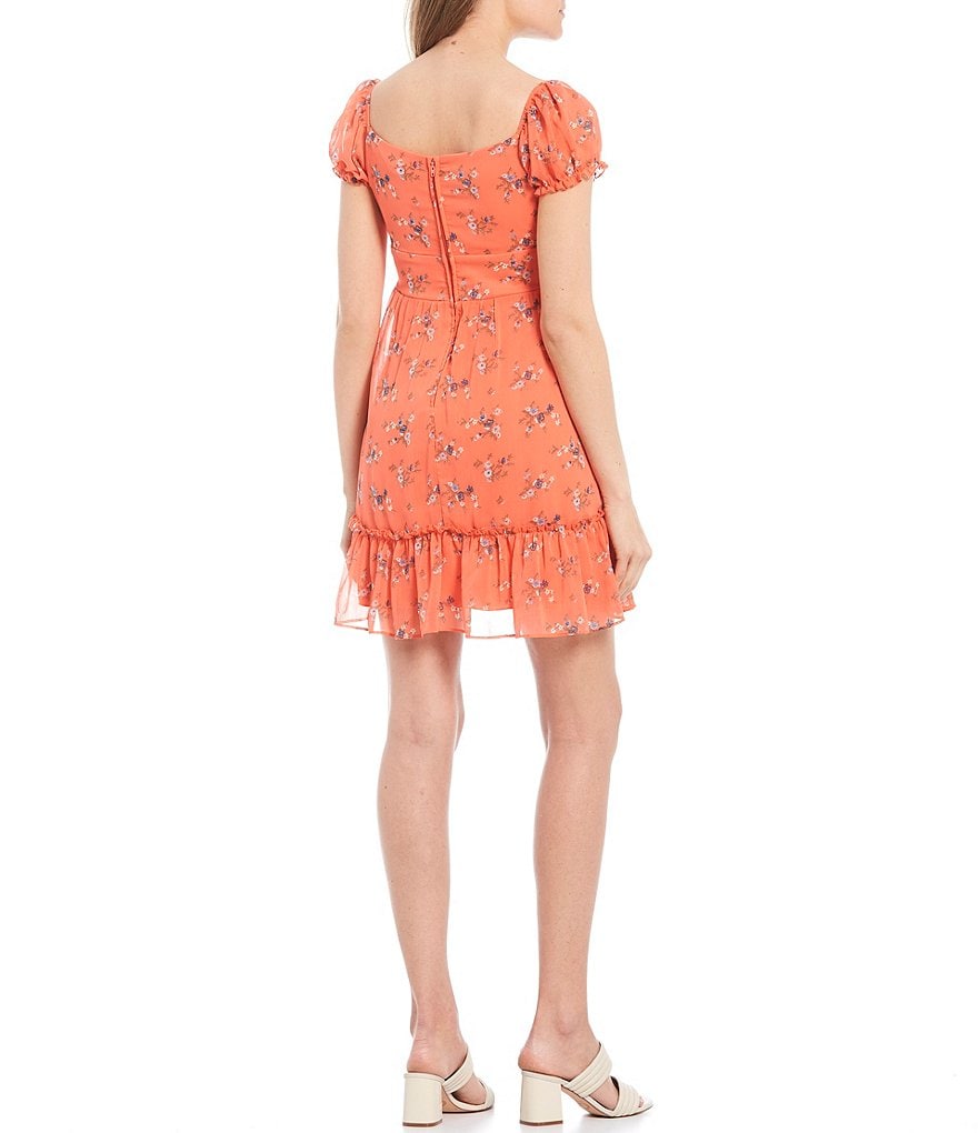 City Vibe Floral Print Cap-Sleeve Tie-Front Ruffle Flounce Hem Dress