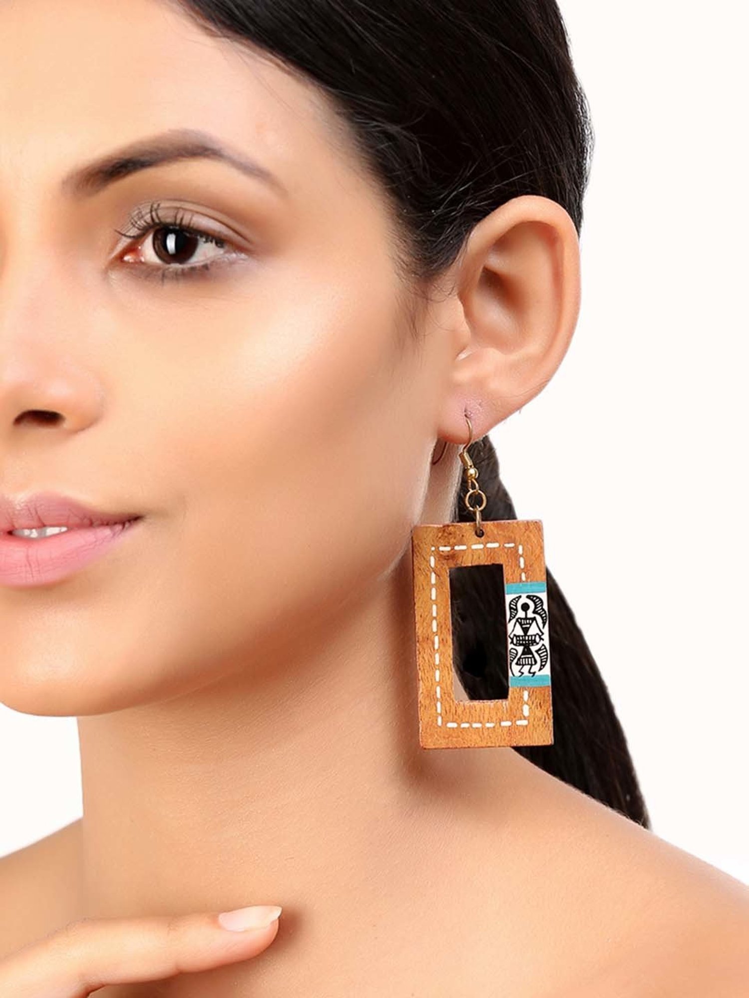 ExclusiveLane Tribal Warli Brown & White Dangler Earrings (Warli Art in Sheesham Wood)
