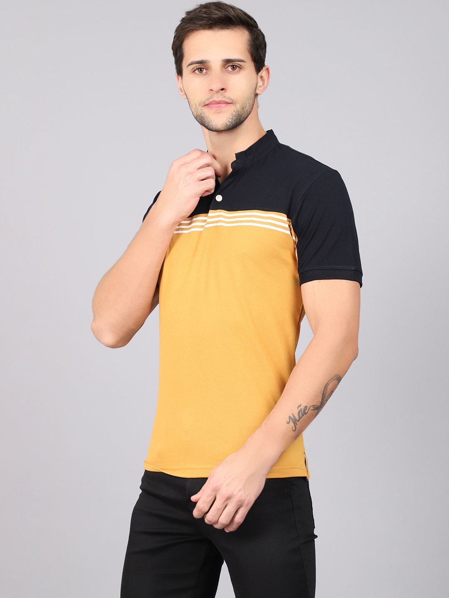 Cantabil Mustard Cotton Regular Fit Striped Polo T-Shirt