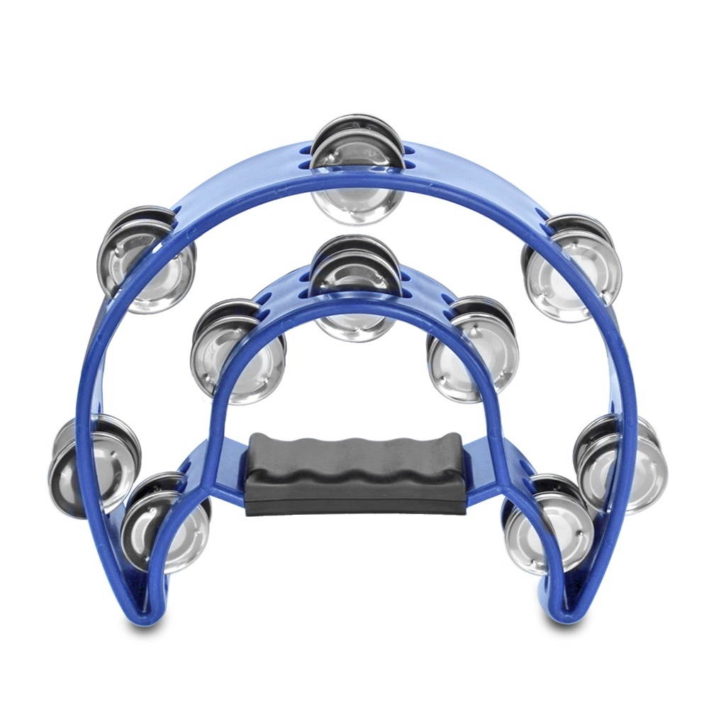 Half Moon Musical Tambourine Double Row Metal Jingles Hand Held Percussion Drum for Gift KTV Party Kids Toy in Blue with Ergonomic Grip