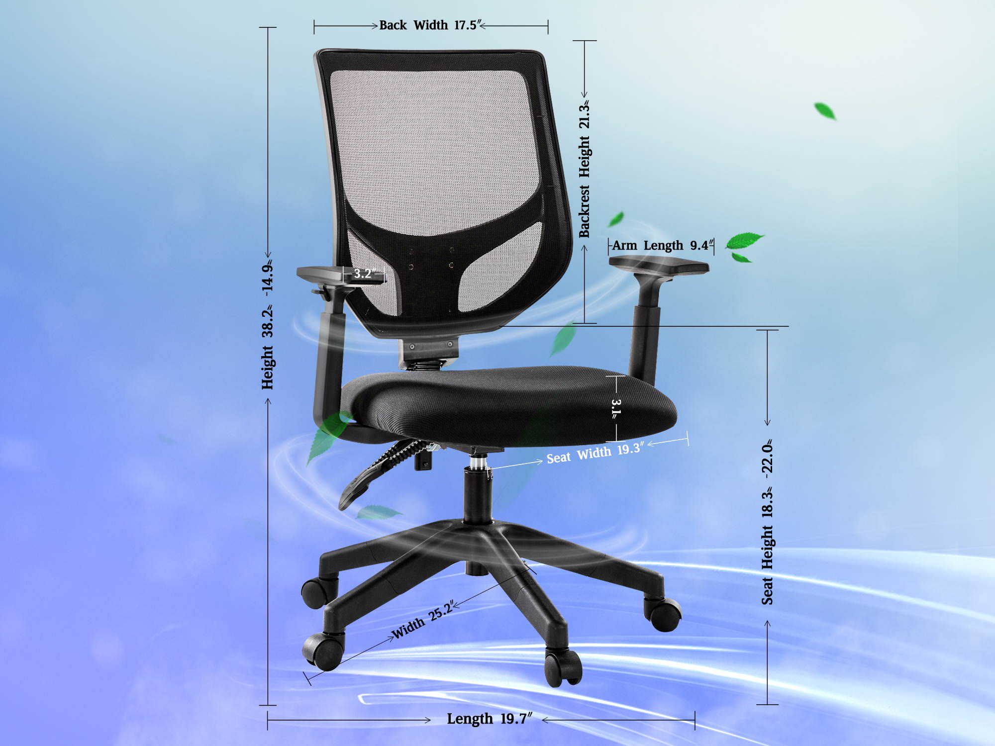 RIMIKING Ergonomic Back Office Chair, Swivel Mid-Back Mesh Back with Height Adjustment and Padded Eco Leather Seat
