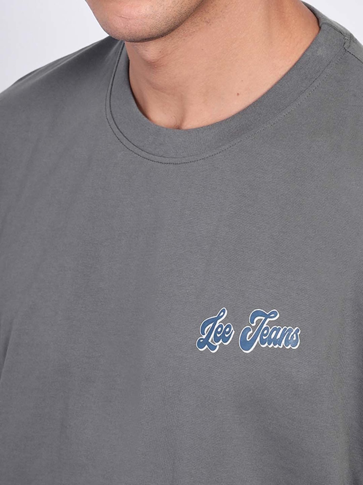 Lee Grey Loose Fit Printed Cotton Oversized Crew T-Shirt