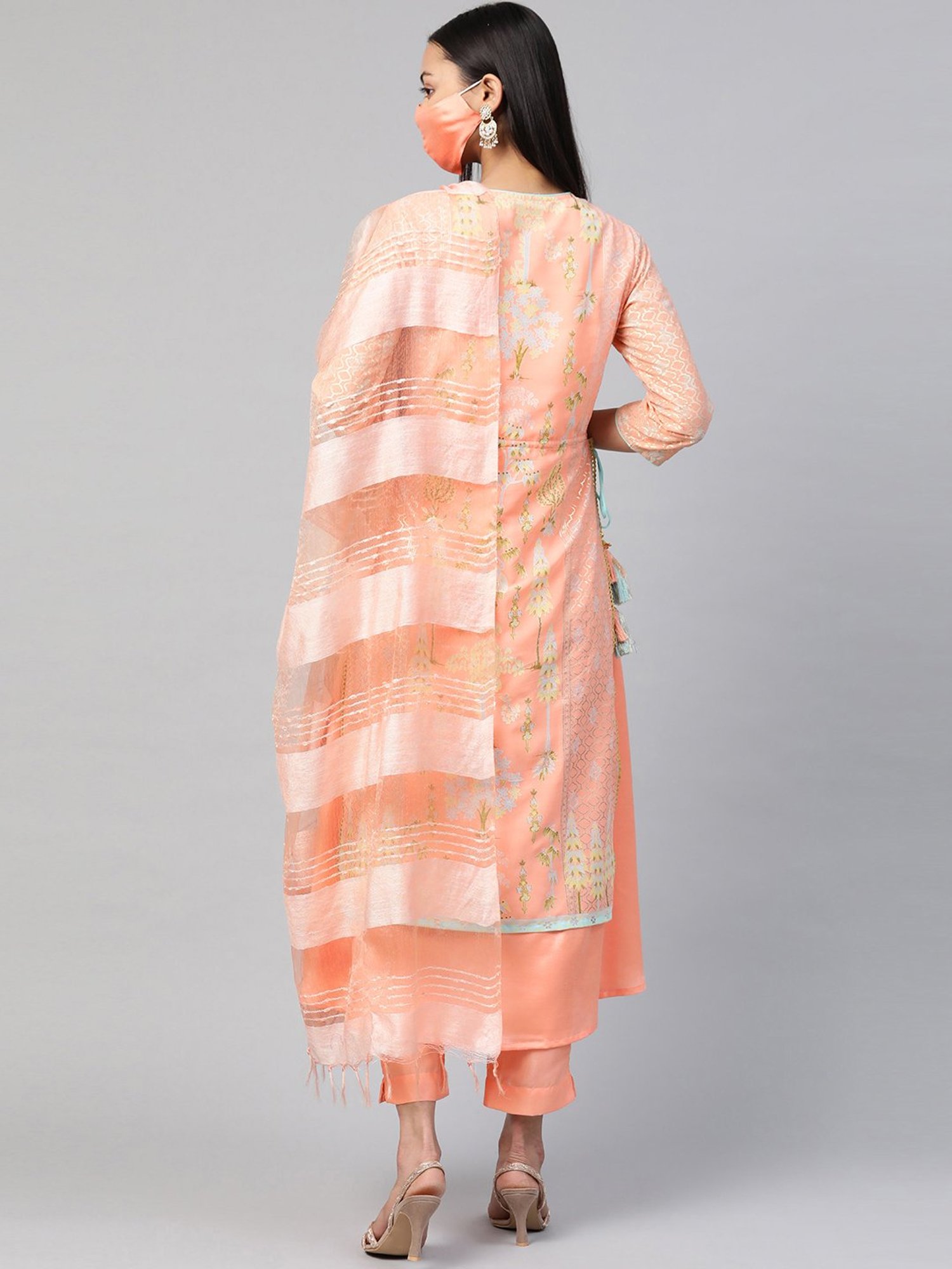 Juniper Orange Ethnic Motif Printed Georgette Kurta Pants & Dupatta Set With Tassels & Lace