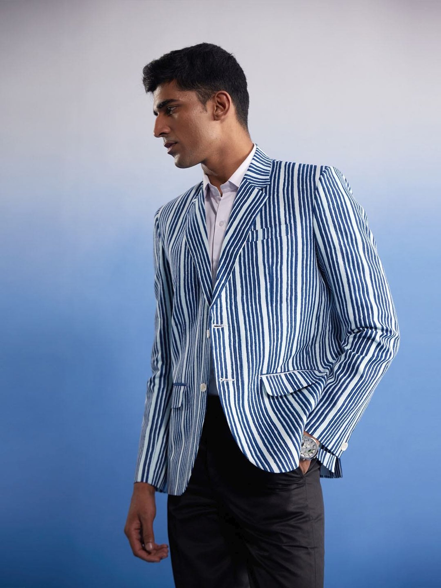 Vastramay Indigo Blue Cotton Regular Fit Striped Blazer