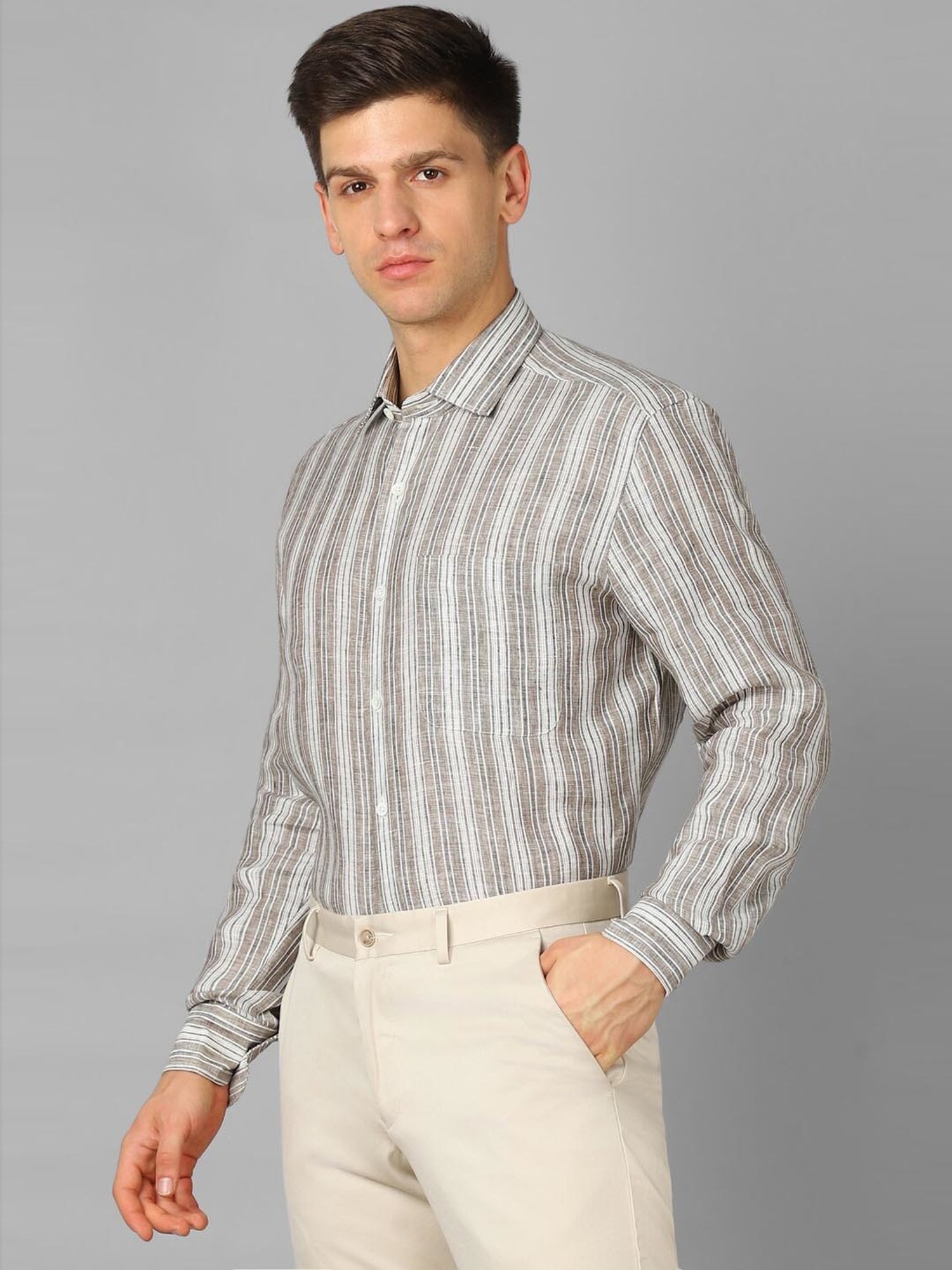 Luxure By Louis Philippe Grey Linen Regular Fit Striped Shirt