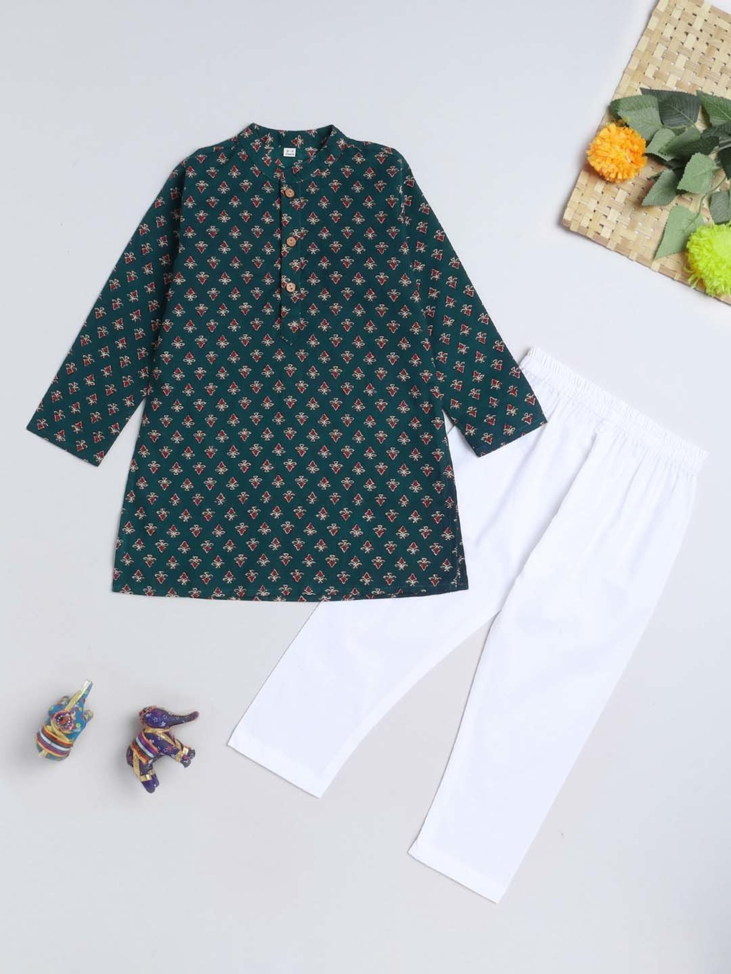 The Magic Wand Kids Navy & White Cotton Floral Print Full Sleeves Kurta Set