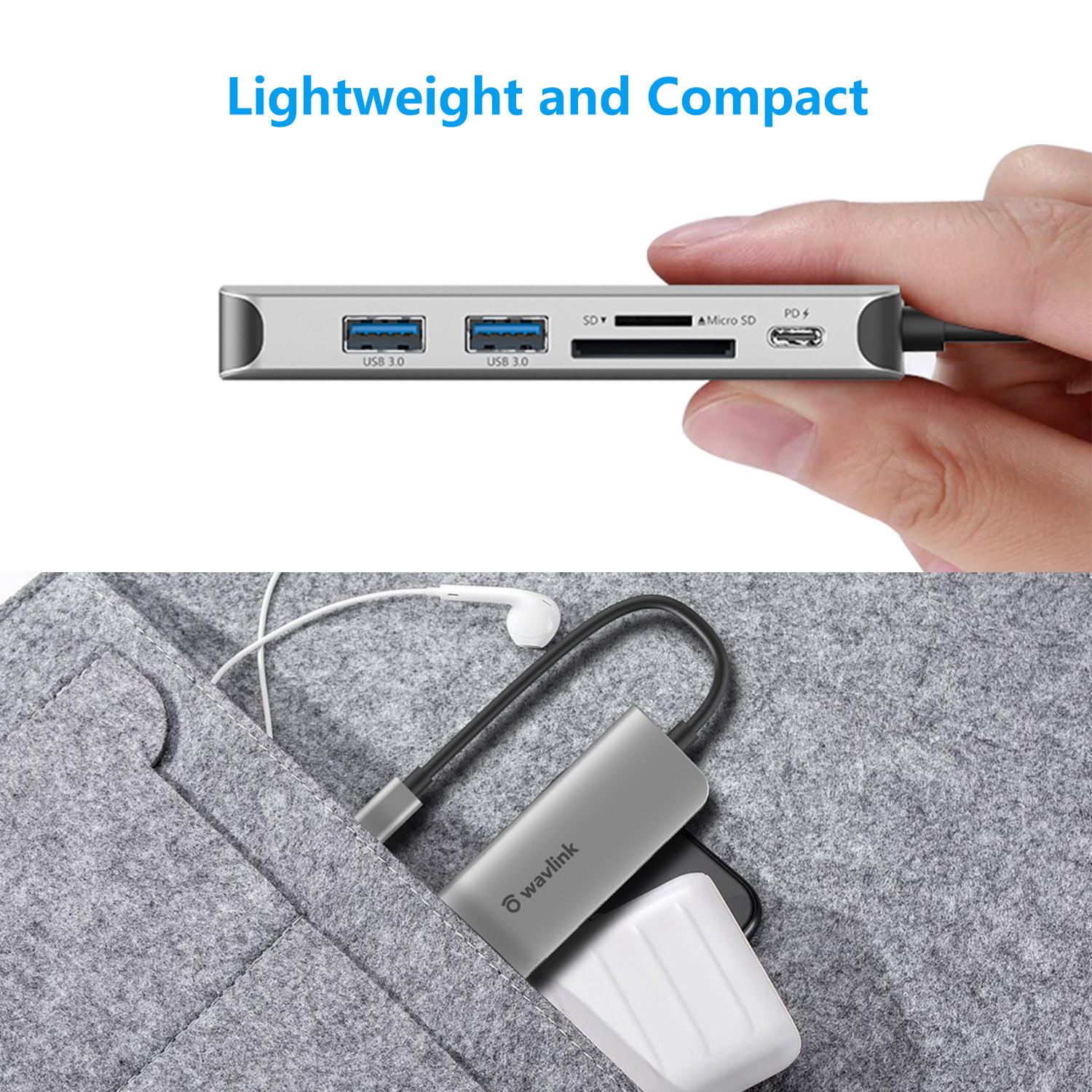 Wavlink USB C Hub, Type C Adapter Mini Docking Station with 4K HDMI Port, 2 USB 3.0, TF/SD Card Reader, USB-C PD3.0 100W  and Thunderbolt 3, LED indicator For MacBook Pro for MacBook Pro/Air