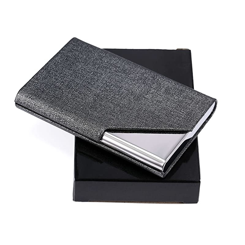 Metal Leather Business Card Holder for Men Women  Slim Hard Business Name Card Case Credit Card Holder Card Wallet Carrier Metal Card Pocket Card Holder with Magnetic Shut Grey