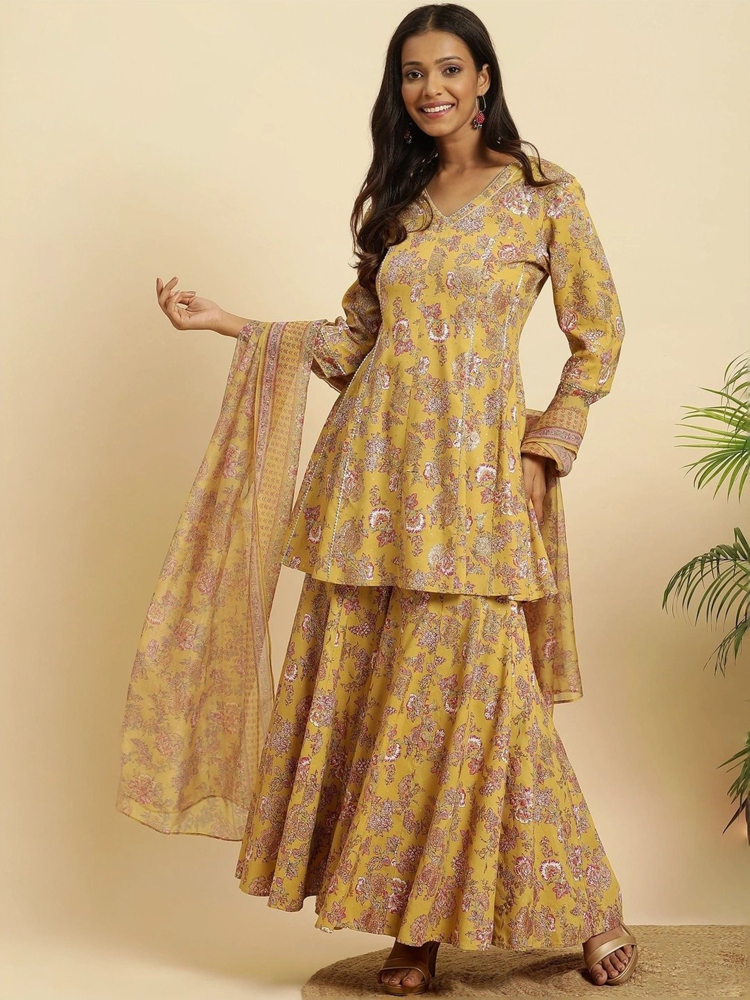 W Yellow Printed Kurti Sharara Set With Dupatta