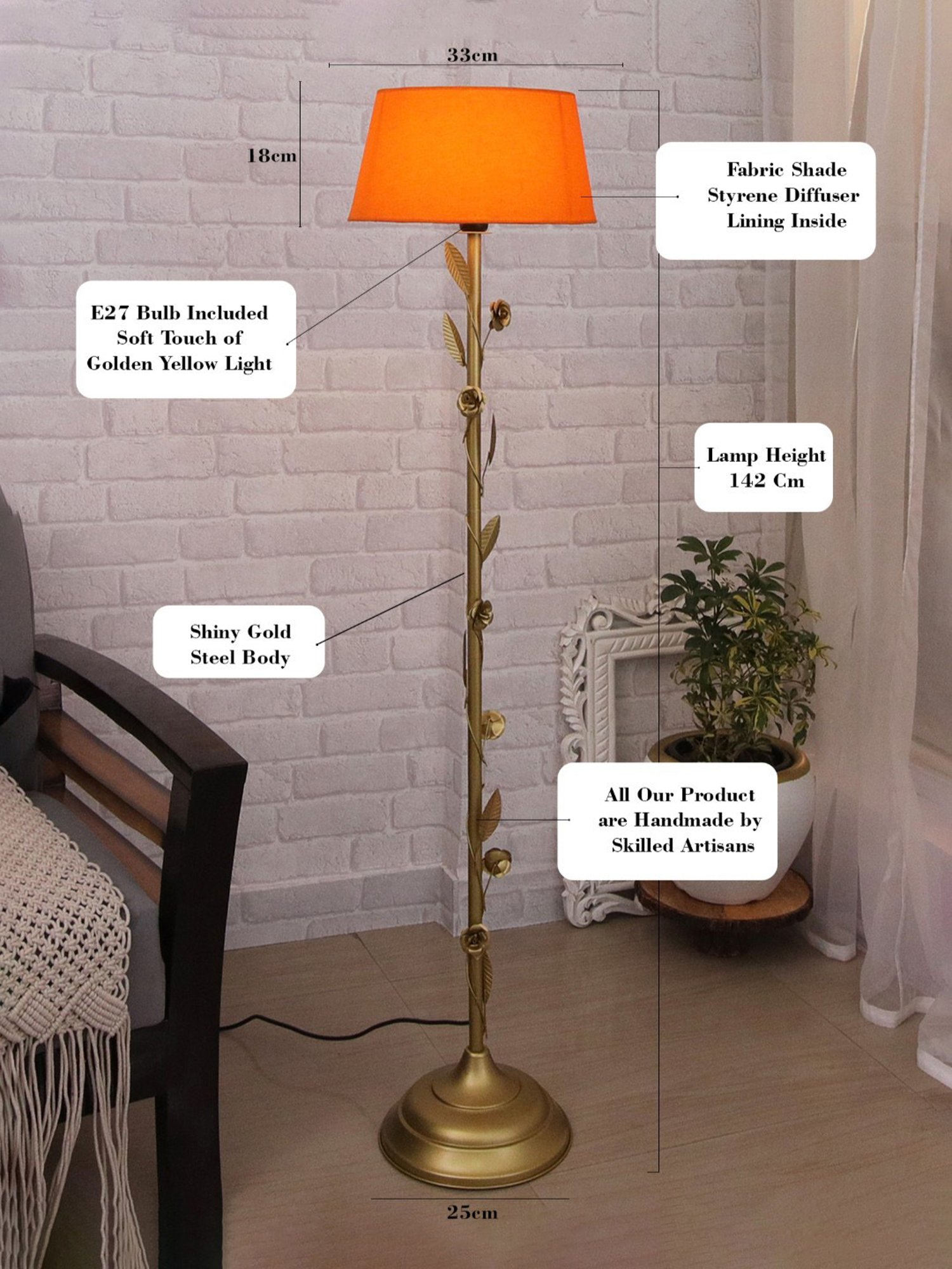Homesake Orange & Golden Metal Standing Floor Lamp with Bulb and Floor Switch (Iron Legs)