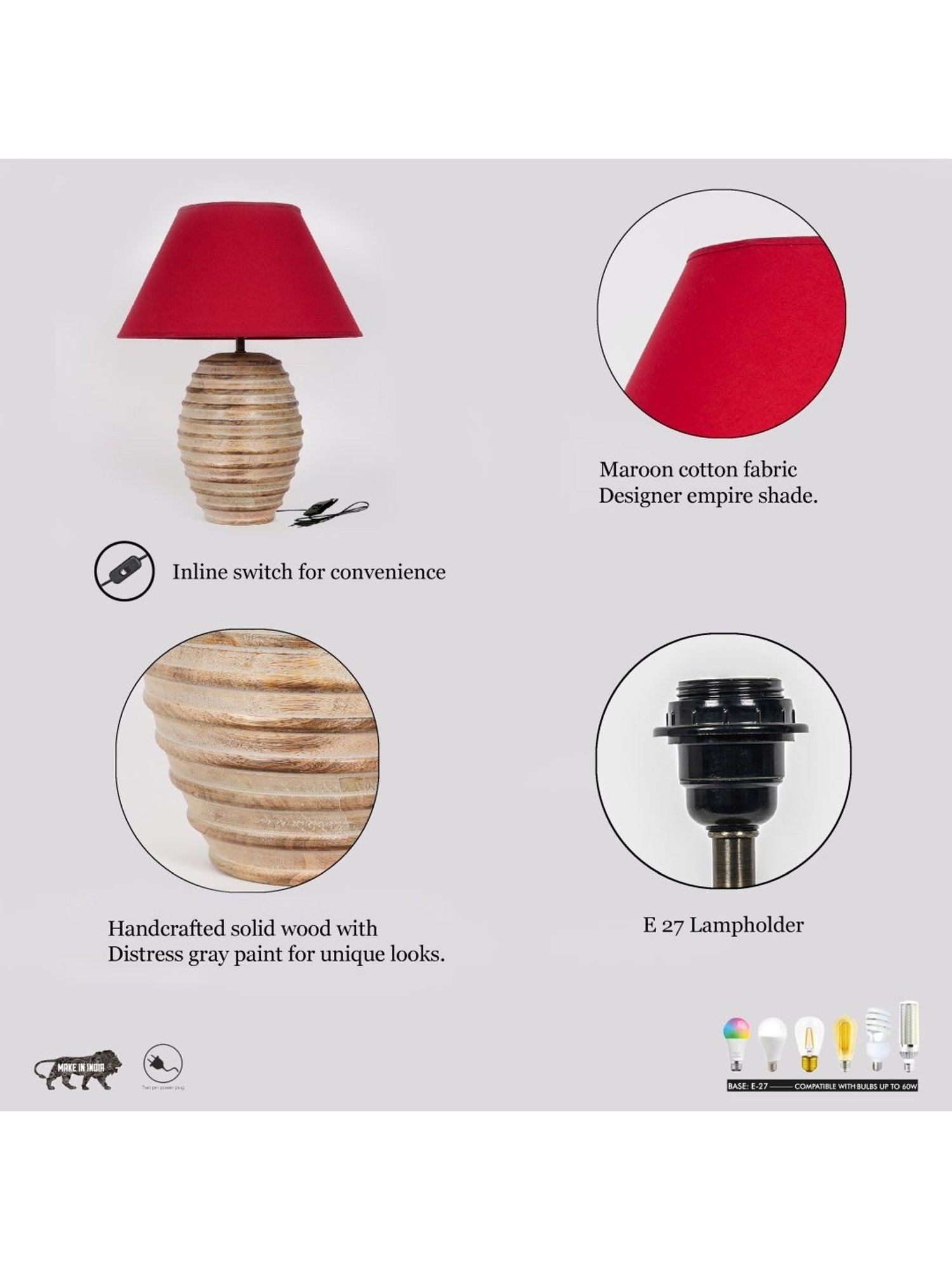 Kapoor Lamp Shades Natural White & Red Wood Paola Carved Cotton Shade Table Lamp