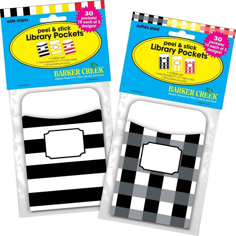 Barker Creek 60pc 2 Designs Buffalo Plaid and Wide Stripes Library Pocket Set