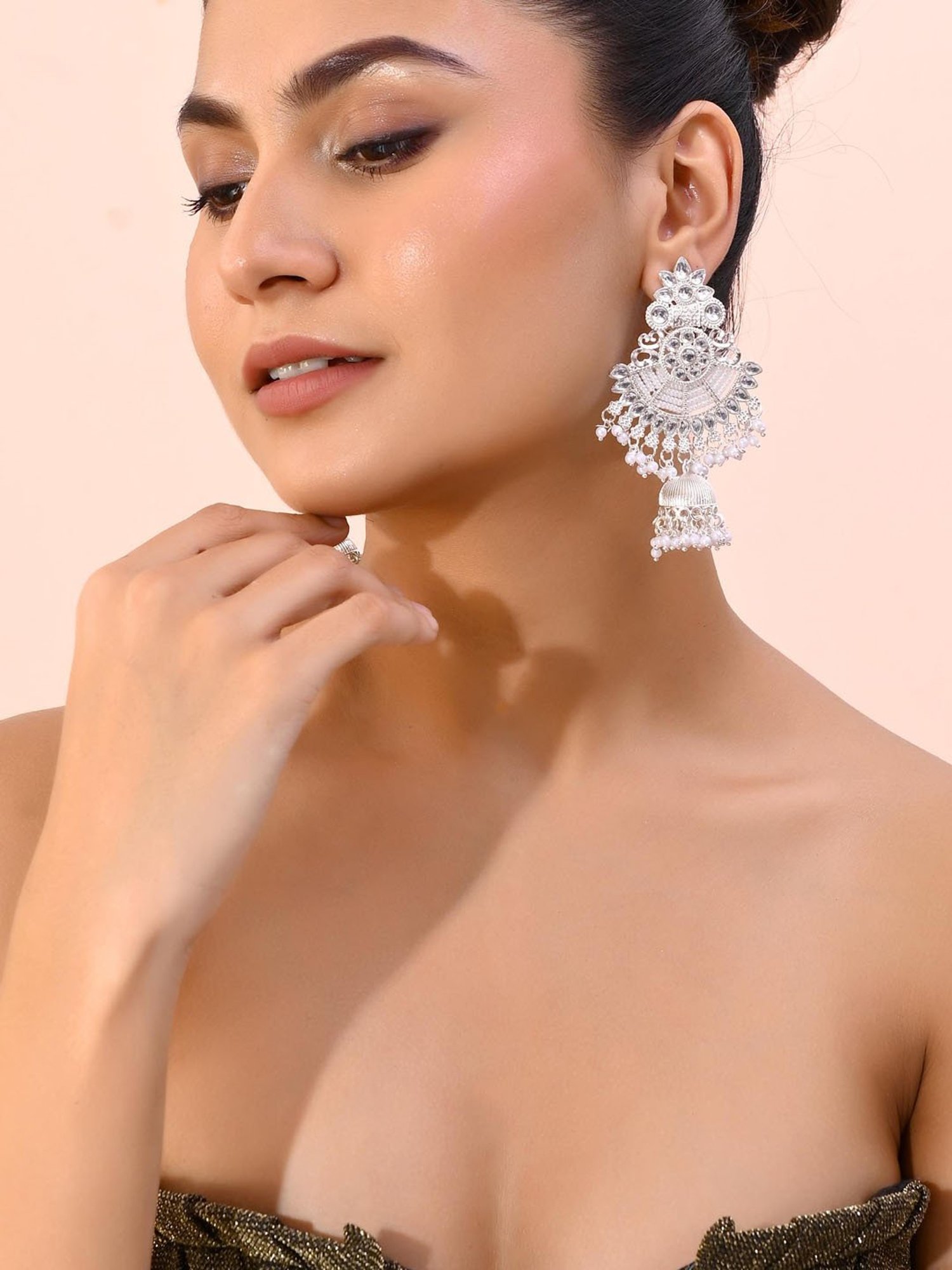 VOJ Silver Plated Kundan Contemporary Jhumka Earrings for Women