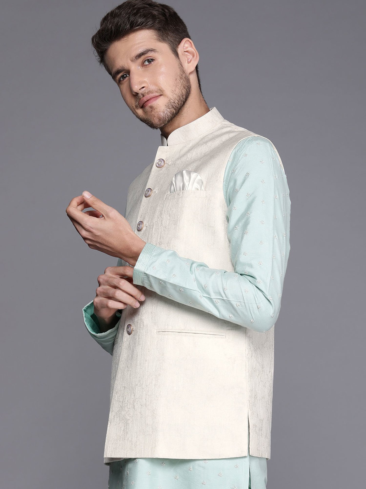 Manyavar Cream Regular Fit Self Design Nehru Jacket