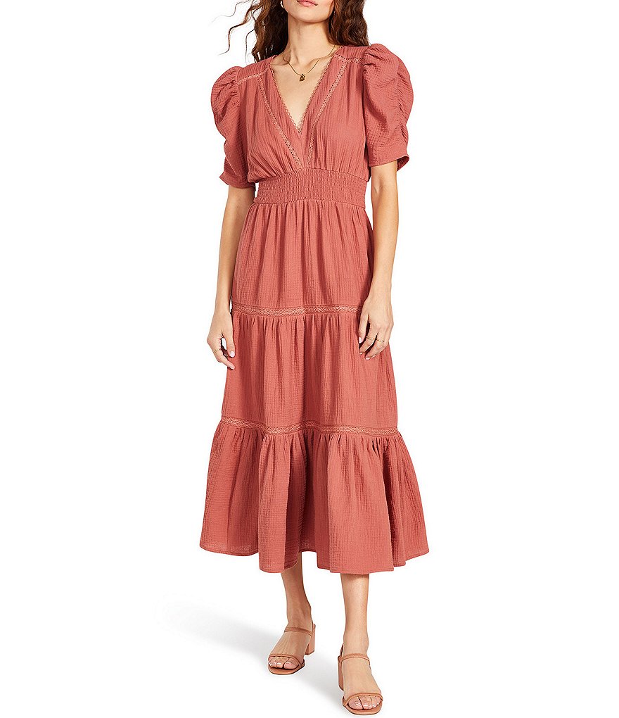 BB Dakota by Steve Madden Say A Prarie V-Neck Puff Sleeve Midi Dress