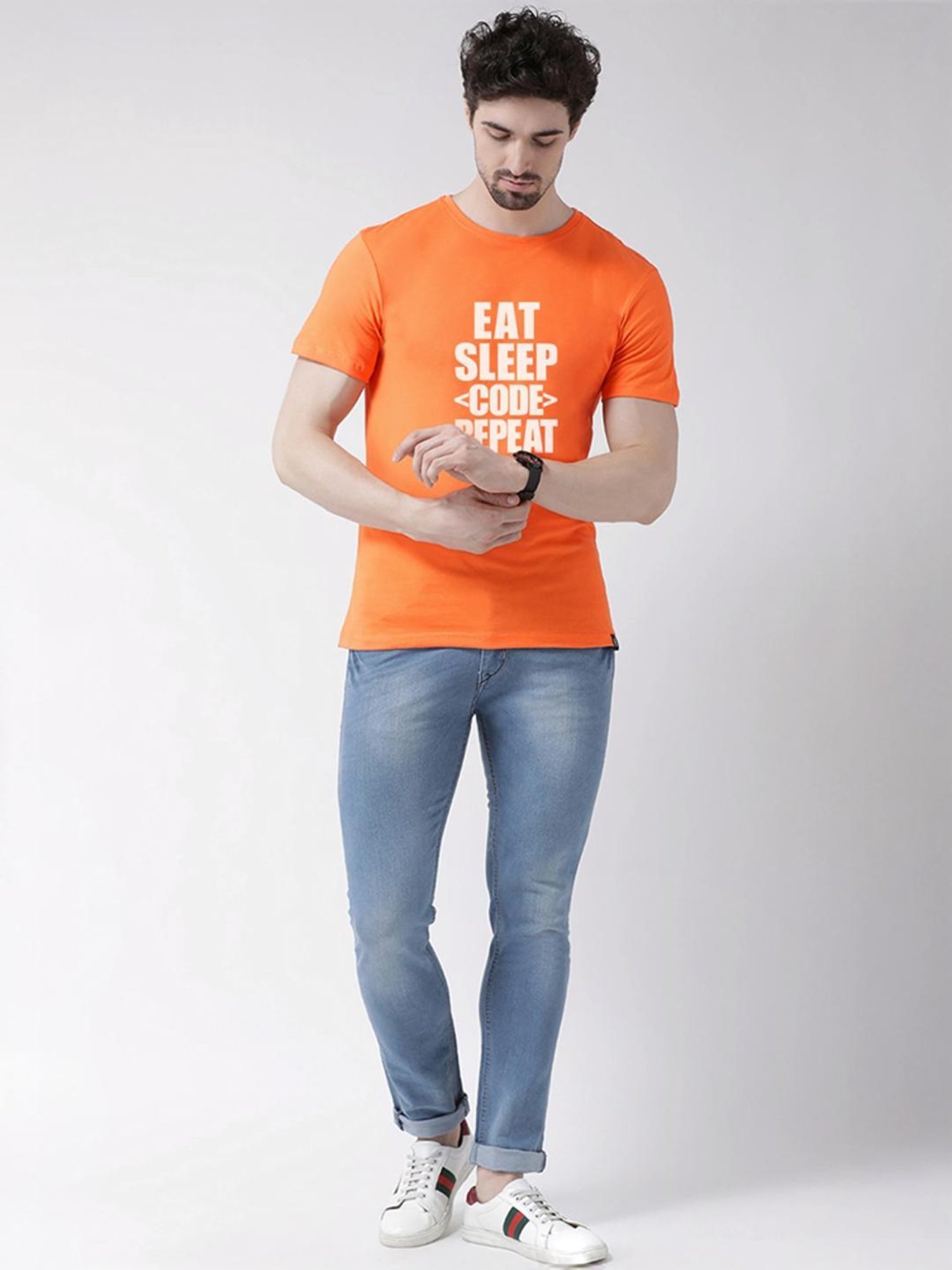 Friskers Orange Cotton Slim Fit Printed T-Shirt