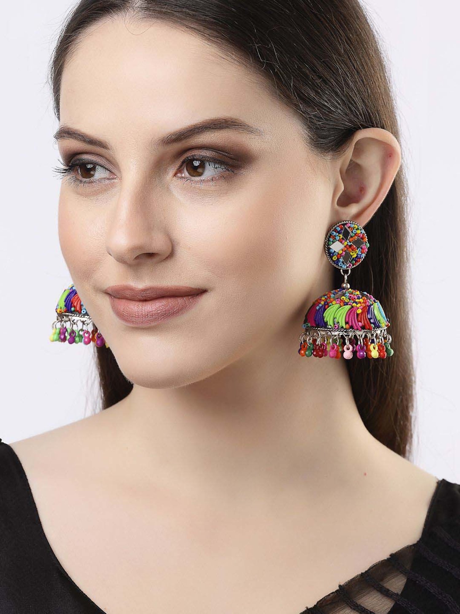 NVR Multi Color Artificial Beads Brass-Plated Dome Shaped Jhumki Earrings for Women