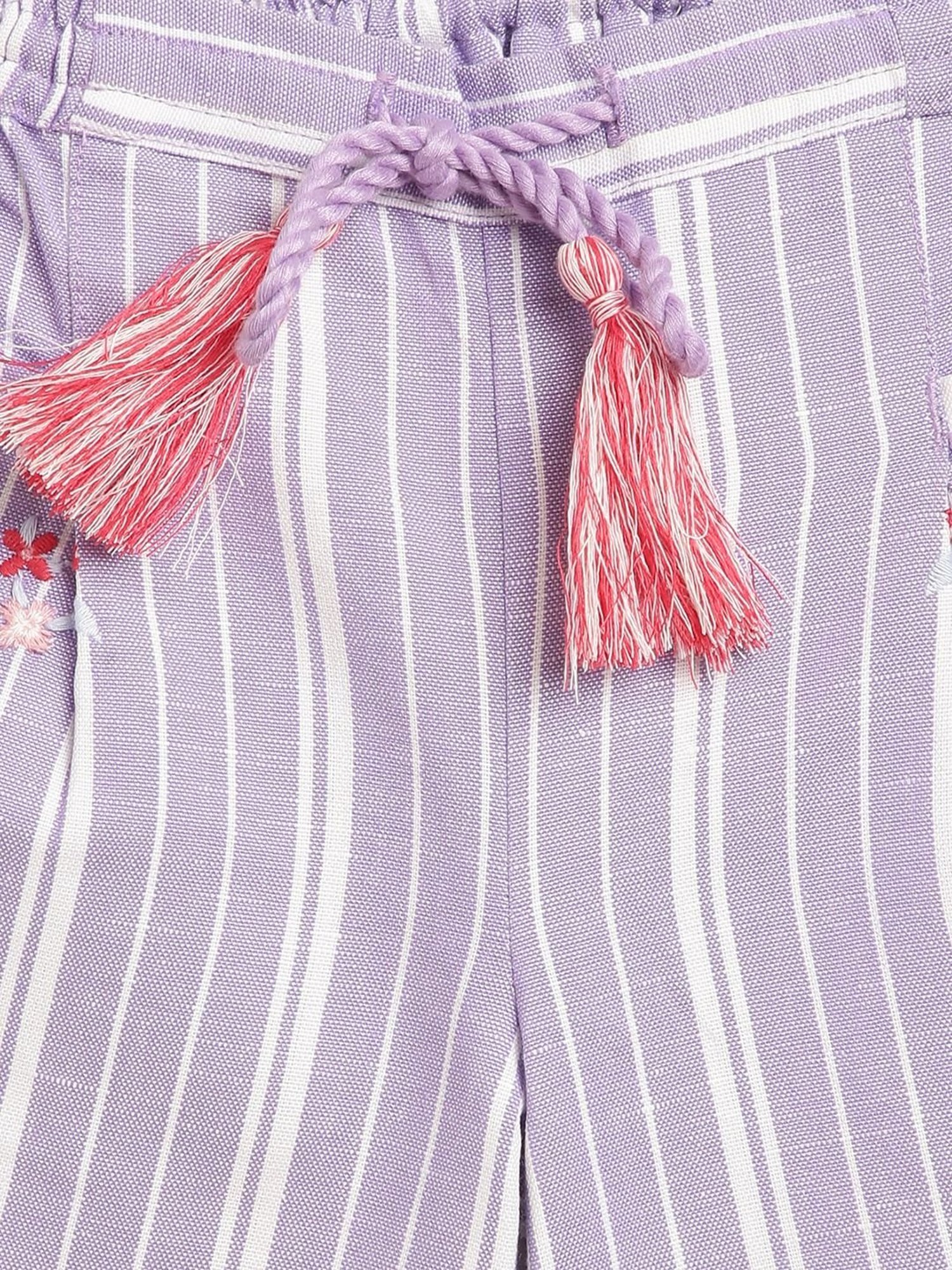 Blue Giraffe Girls Purple & White Cotton Striped Trousers