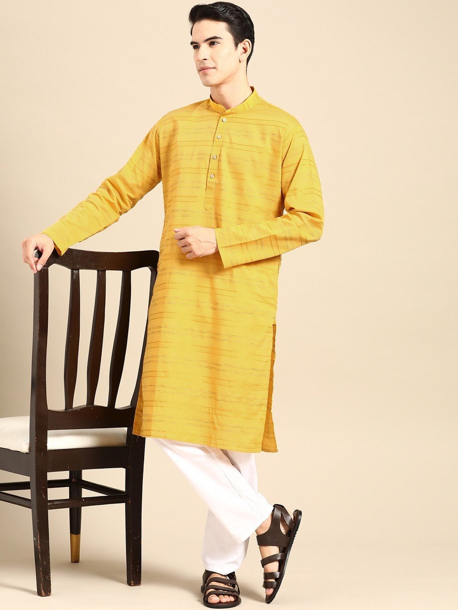 ManQ Yellow & White Pure Cotton Regular Fit Striped Kurta Bottom Set