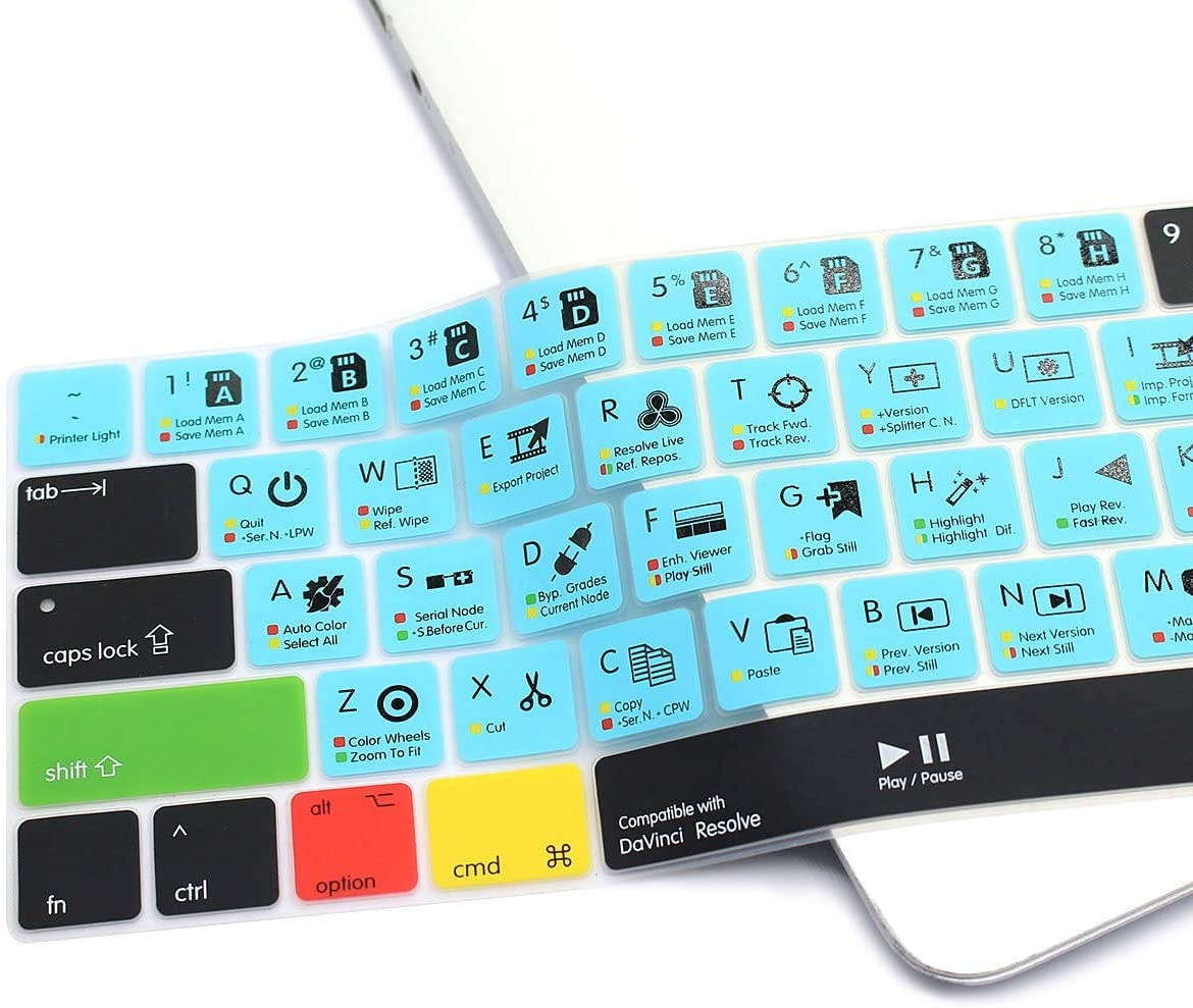 HRH Davinci Resolve Shortcuts Hotkey Silicone Keyboard Cover Skin for MacBook New Pro with Touch Bar 13 Inch and 15 Inch(A2159/A1989/A1706,A1990/A1707) 2019 2018 2016 2017 Release US Version