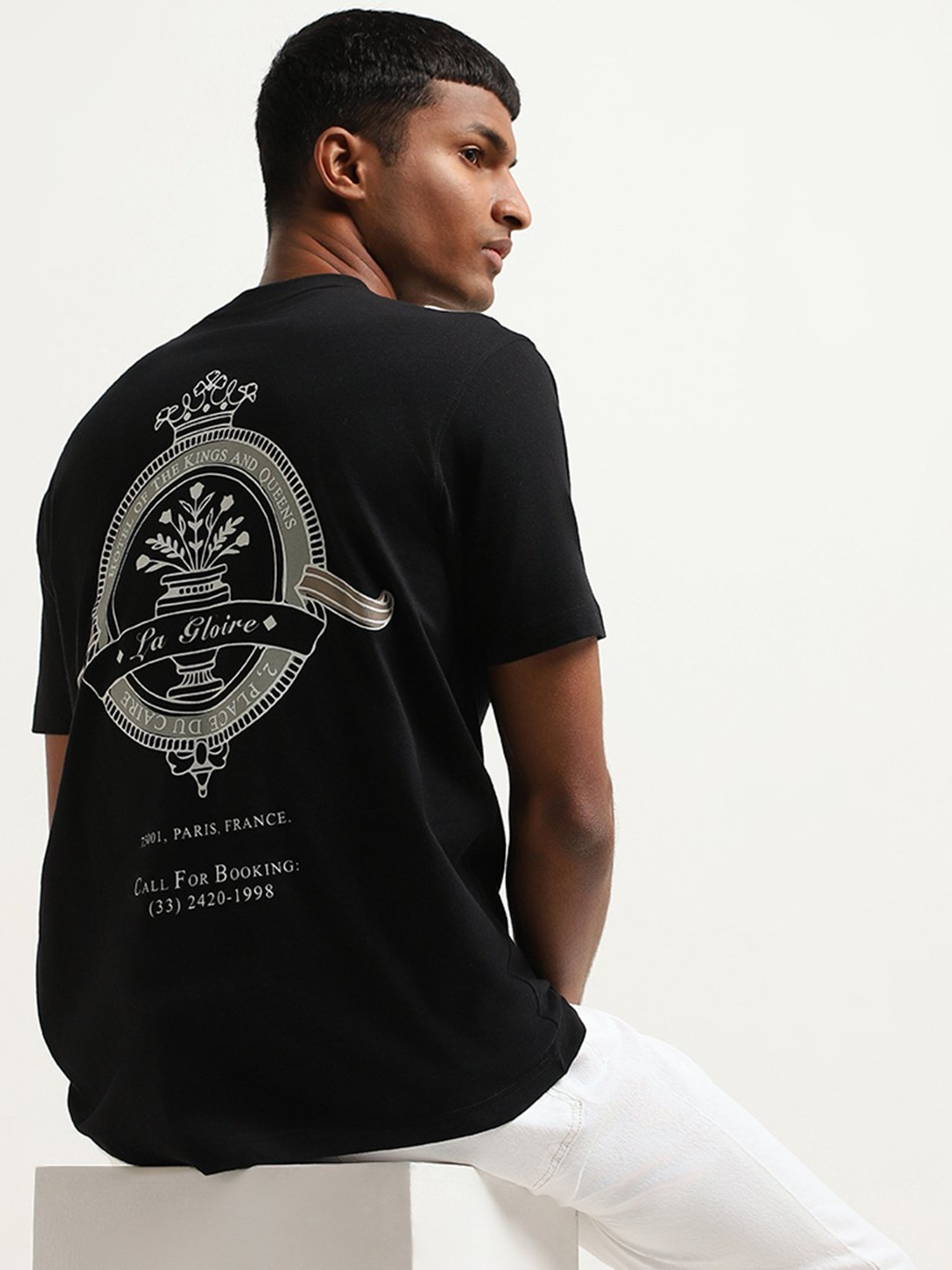 Nuon by Westside Black Slim-Fit Printed Cotton T-Shirt