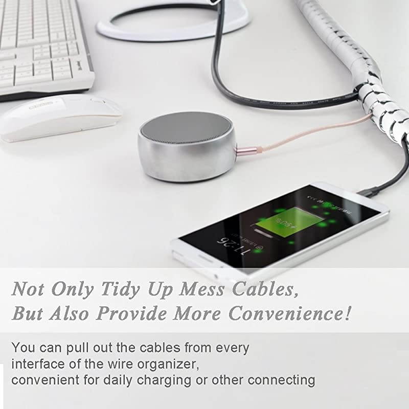 Cable Wires Organizer  Coiled Tube Cable Management PC Cinema TV Cables Sleeve with Cord Organizer Clip Hide Wires Cover Cables to Keep Desk Tidy to Protect Cable from Pets Bite White