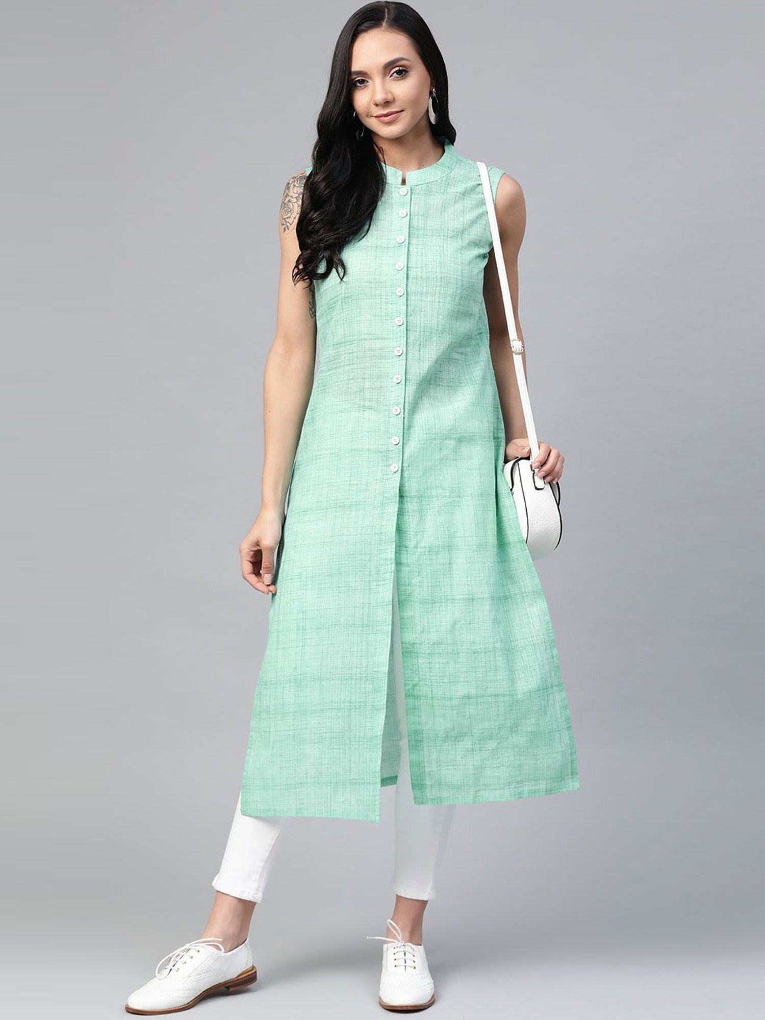 Jompers Green Cotton Woven Pattern Straight Kurta