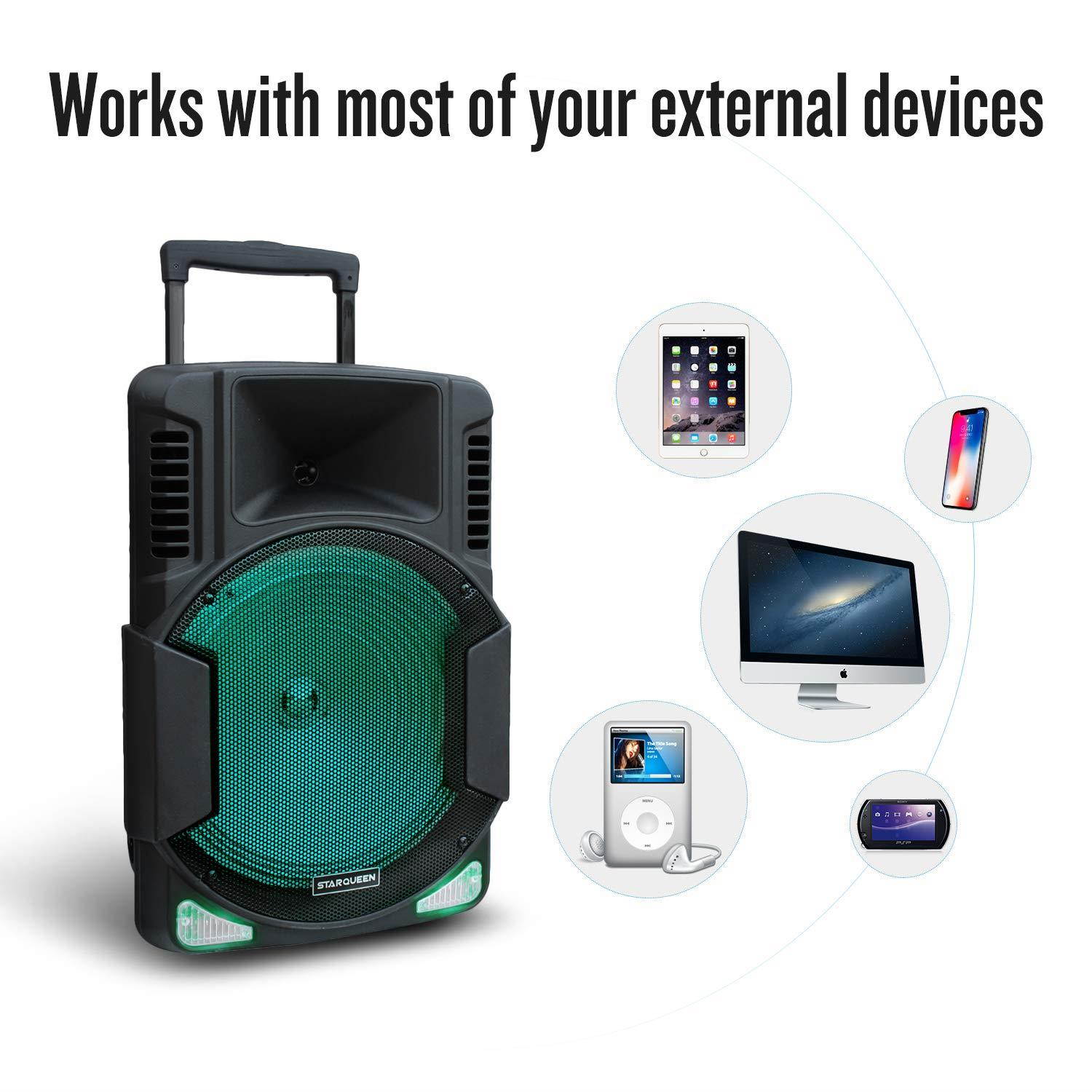 Starqueen 15Inch Trolley Bluetooth PA Speaker with 2 Wireless UHF Microphones, Battery Powered Rechargeable Karaoke DJ Speaker with Led Lights, Active Loud Digital Sound Box, FM/MP3/USB/TF Card/AUX