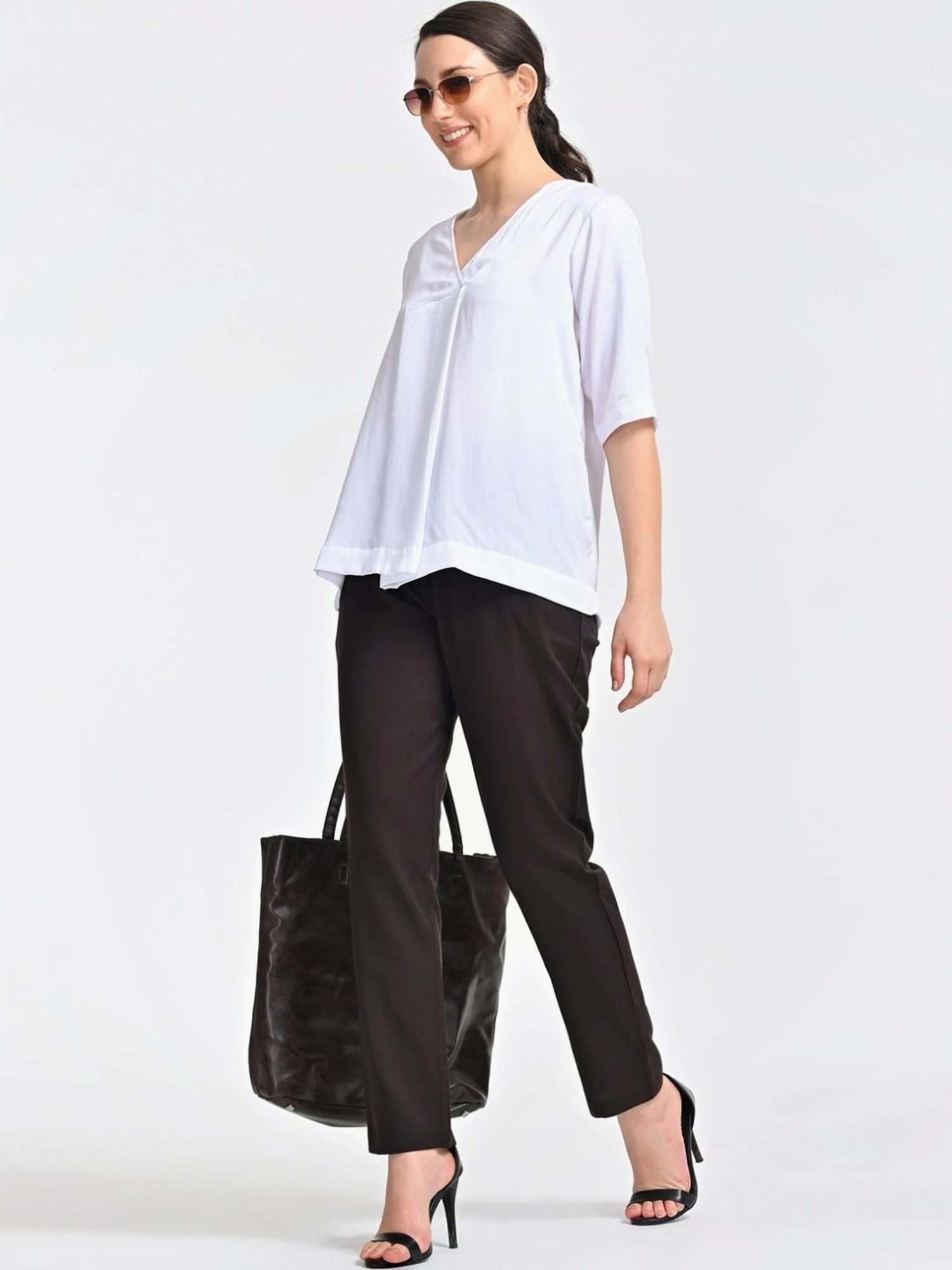 Saltpetre Cream Front Pleat Top With Brown Trousers Co-ords Set