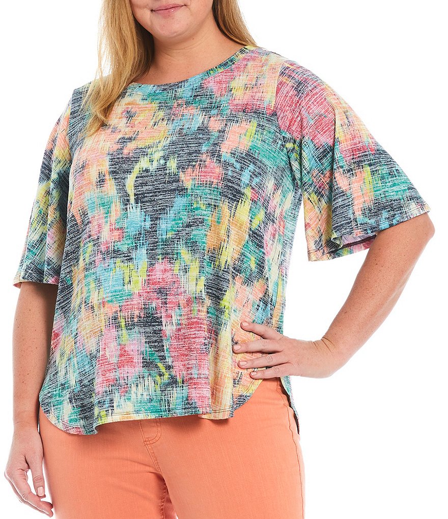 Westbound Plus Size Blur Ikat Print Crew Neck Flounce Short Sleeve Top