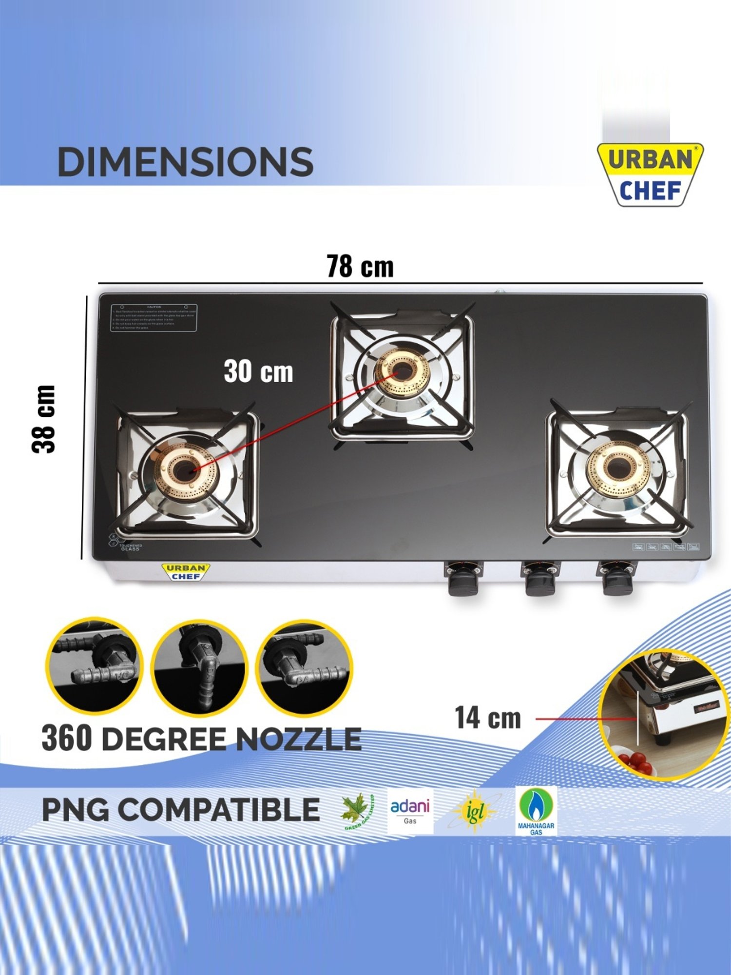 Urban Chef Gas Stove with 3 Burners ( Black )