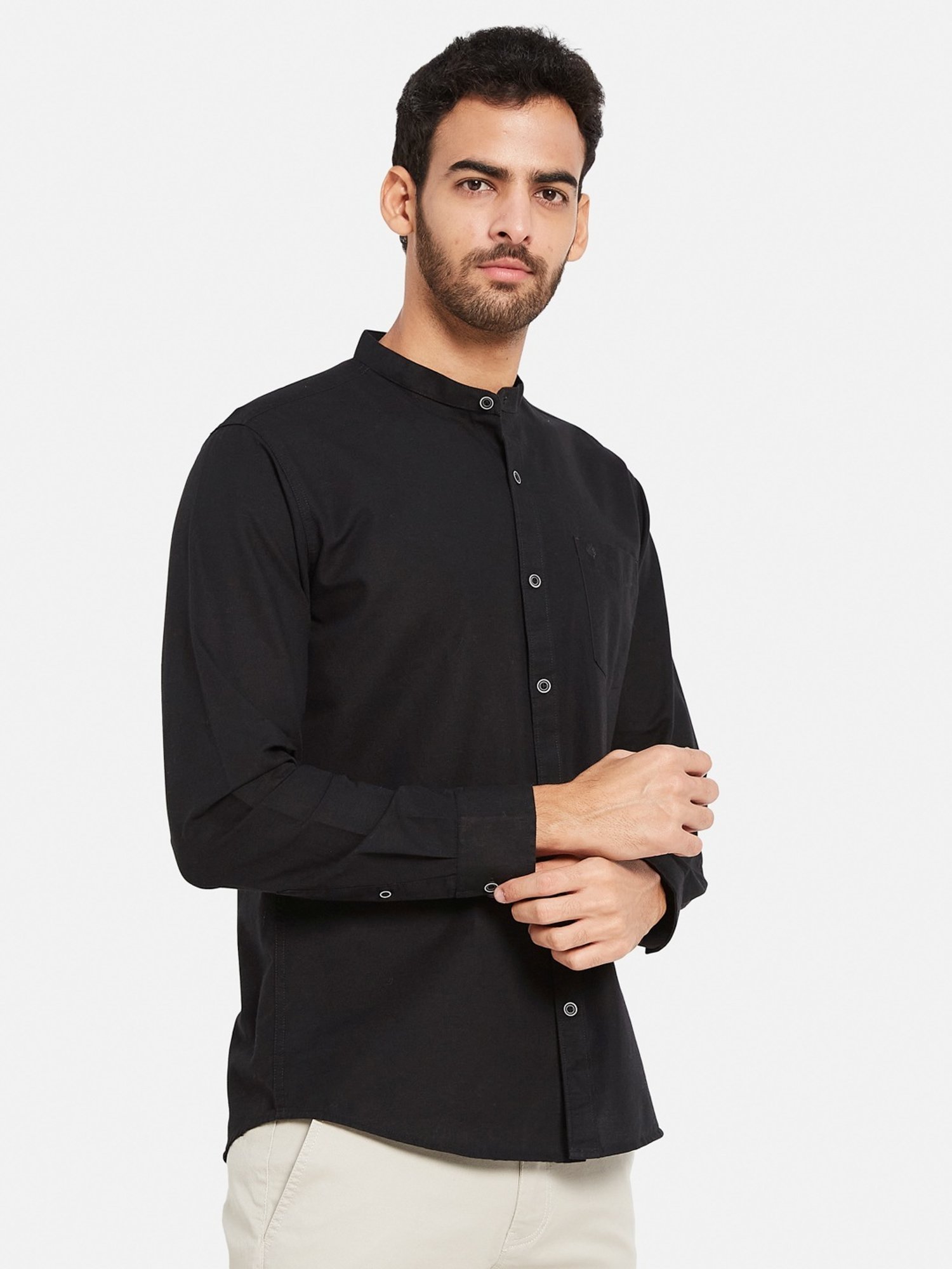 METTLE Black Cotton Regular Fit Shirt