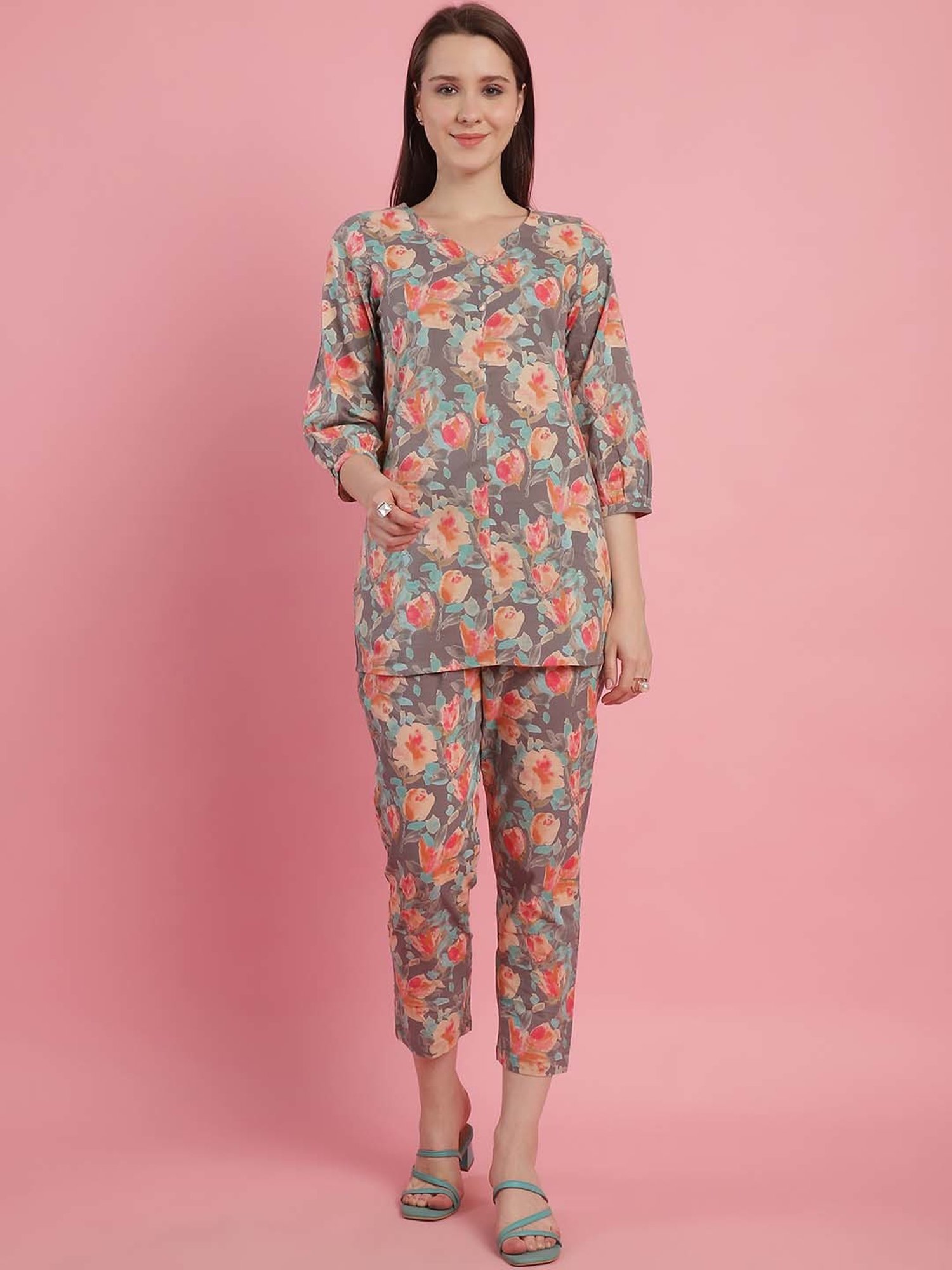 Prakrti Grey Cotton Floral Print Top Pant Set